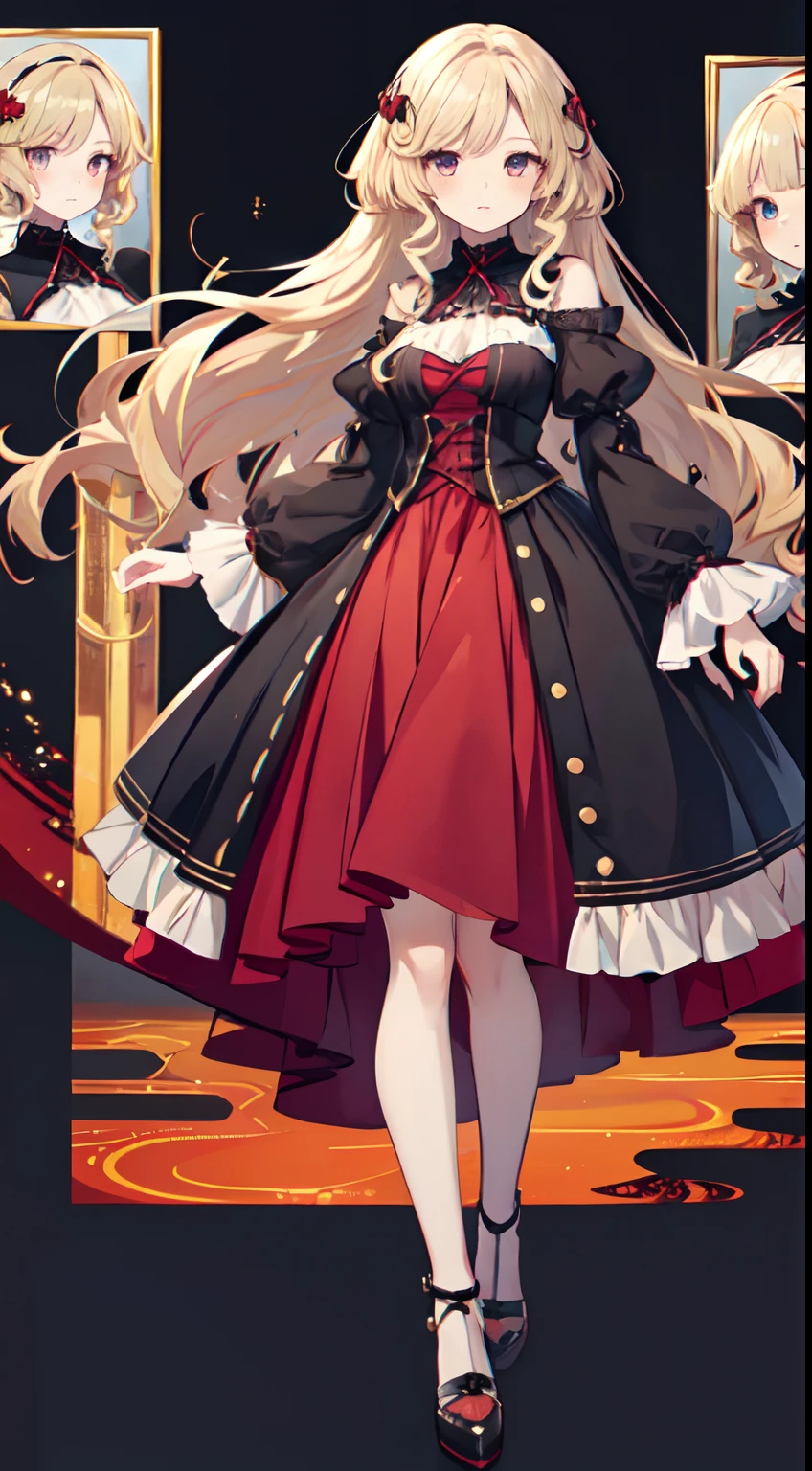 1girll,((full body Esbian、Standing picture)), Fluffy long blonde hair,Curly,Red colored eyes,Black and red luxury dresses,Wealthy and noble family,full body standing painting,Ultra-detailed CG,Exquisite facial features,Clear facial expressions,Detailed Digital Anime Art,digital anime art,High quality anime art style