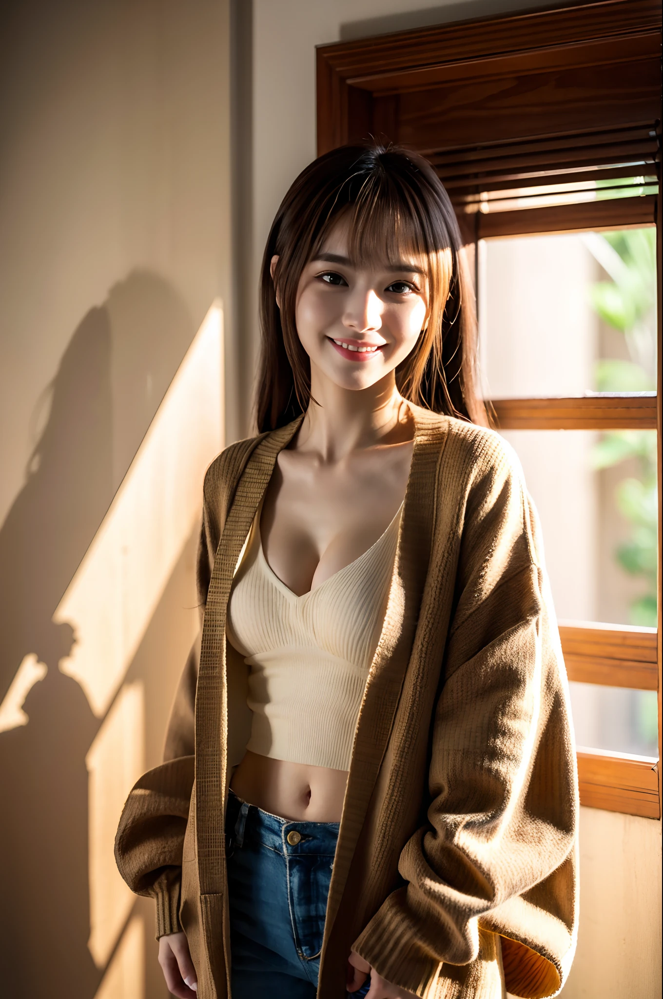 (the Extremely Detailed CG Unity 8K Wallpapers), (masutepiece), (Best Quality), (Ultra-detailed), (Best Illustration), (Best Shadow), (Photorealistic:1.4), 1girl at home, ((Very oversized cardigan)), (lightbrown hair:1.1), No bra, 鎖骨, , shock, (Smaller chest:1.2), Looking at Viewer, Smiling, Upper body, Dim