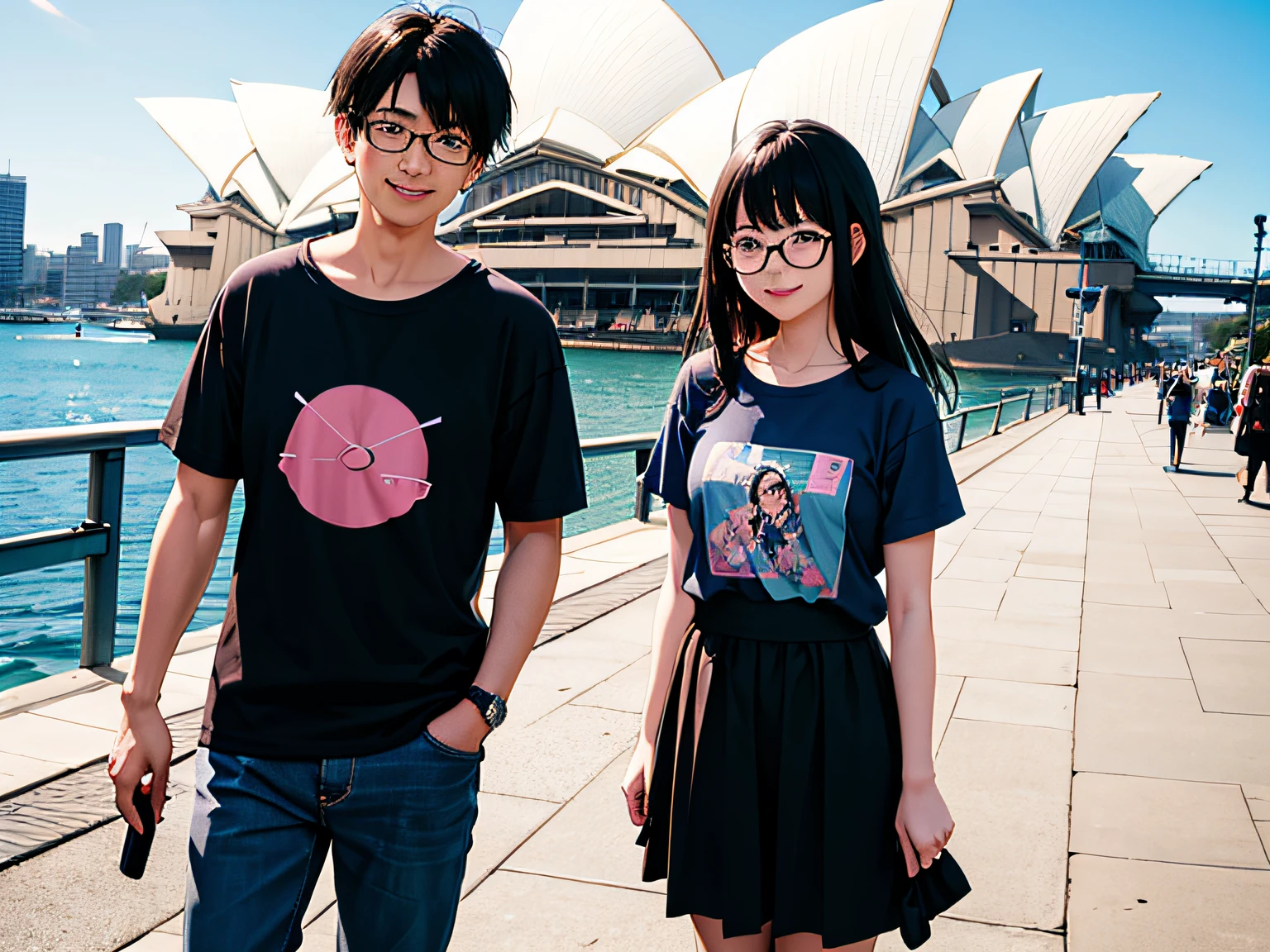 A young Japanese couple at the Sydney Opera House. The husband has black hair with bangs, wears glasses, and a blue T-shirt. The wife has medium-length black hair, wears glasses, and a pink T-shirt. They both have smiles on their faces. Clean-shaven, no children.