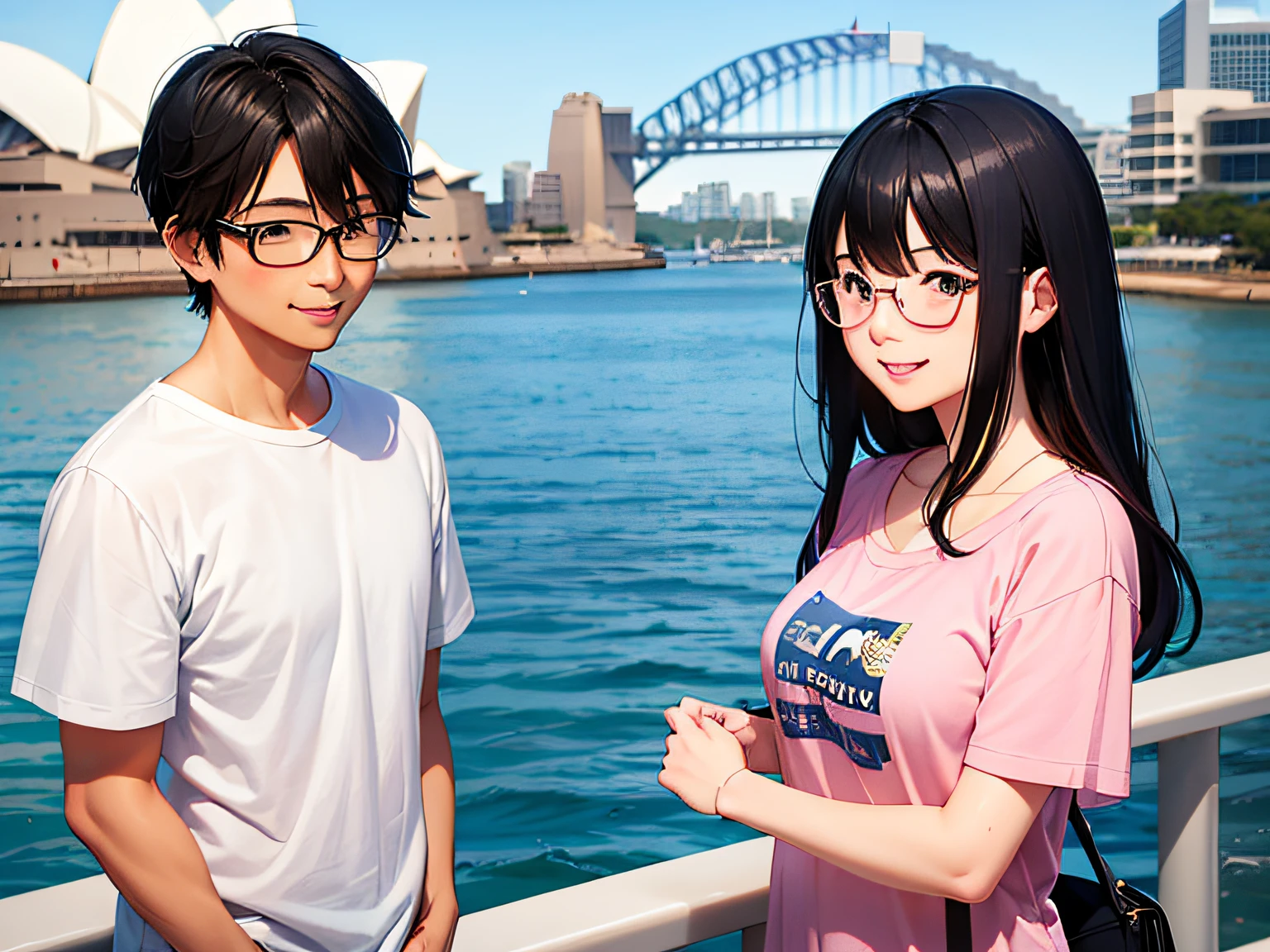 A young Japanese couple at the Sydney Opera House. The husband has black hair with bangs, wears glasses, and a blue T-shirt. The wife has medium-length black hair, wears glasses, and a pink T-shirt. They both have smiles on their faces. Clean-shaven, no children.