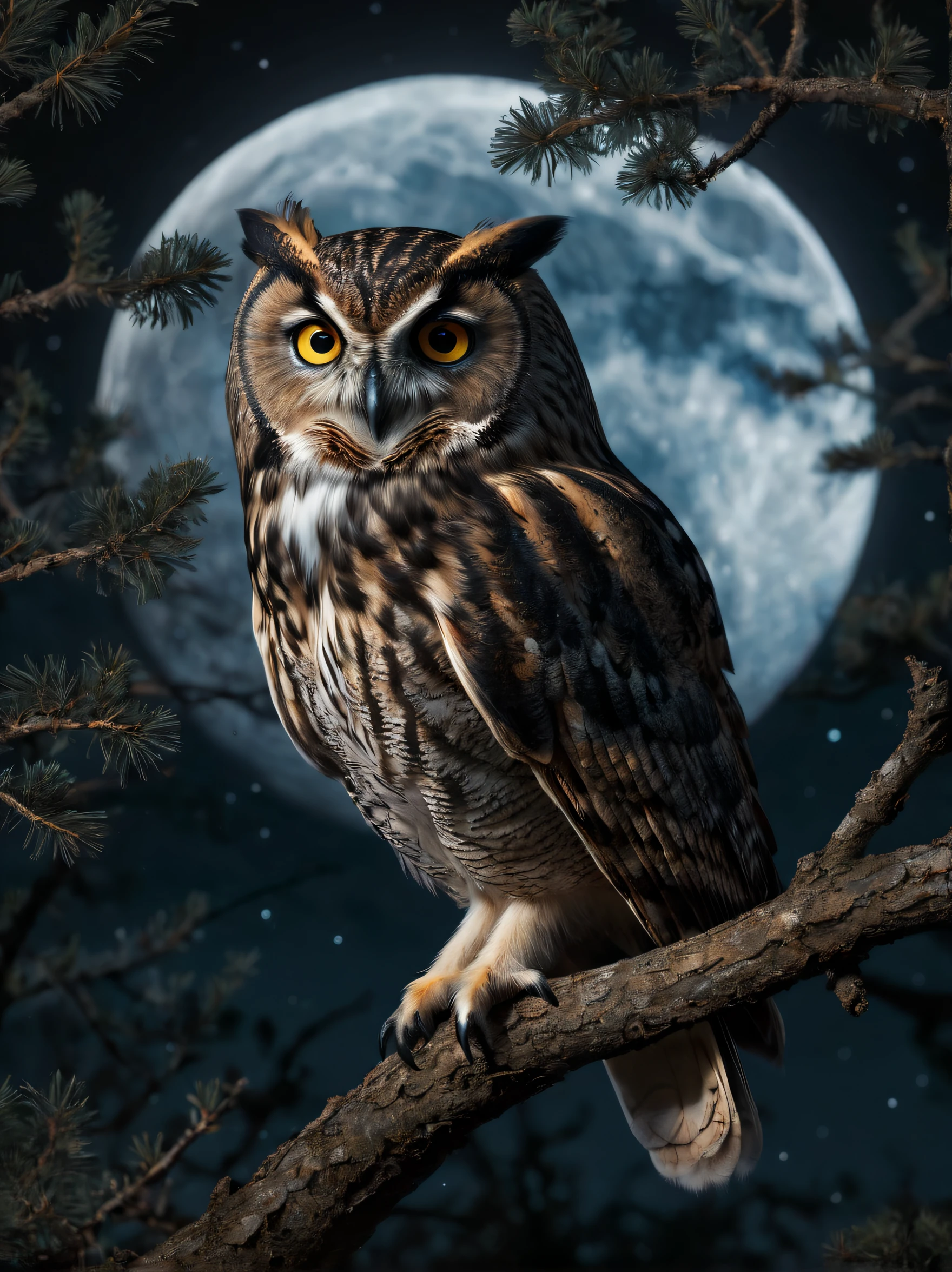 a detailed owl in the night, owl standing on the branch of a tree, night, a big moon centered, epic, masterpiece, best quality (cinematic, film grain:1.1), (macro photo:1.2), masterpiece, best quality, 8k