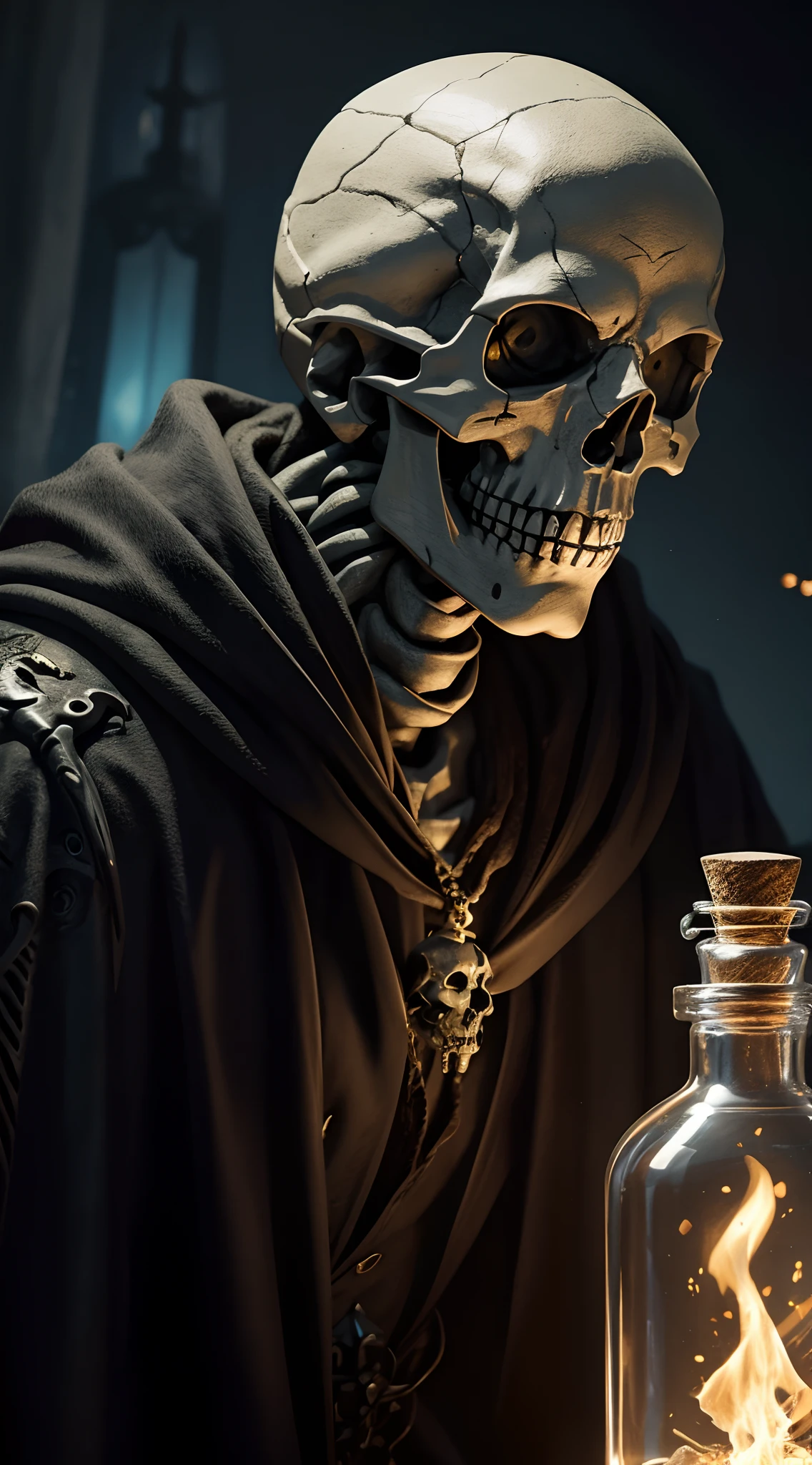 skeleton head，Close-up of the skull，fantasy skull，Magic points of light, 火焰，Cinematic, Painting, Cast powerful spells, Firefly, Light up the charming crystal bottle,