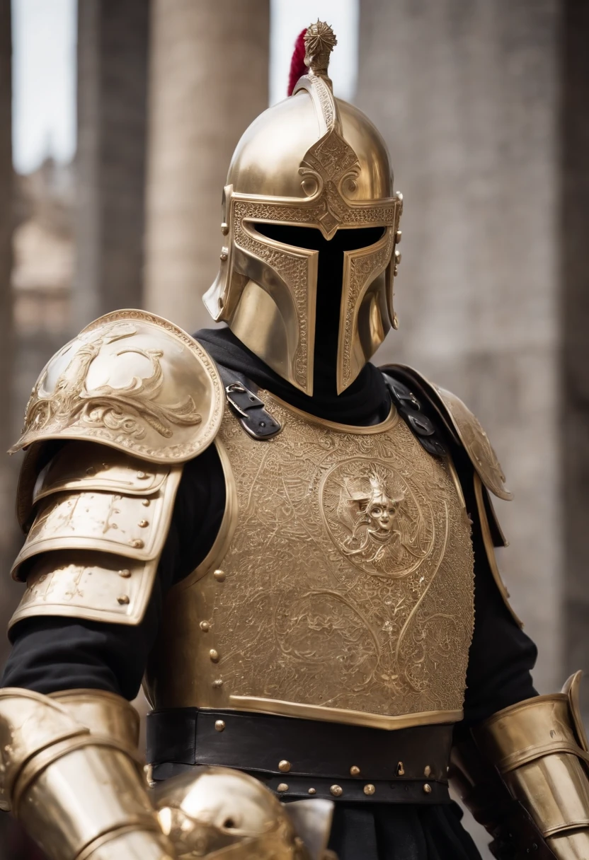One is sturdyly dressed、Heavy golden armor，Man embellished with gold, Holding a large sword in a combat position, Paired with a black Templar helmet，adorned with gold details.