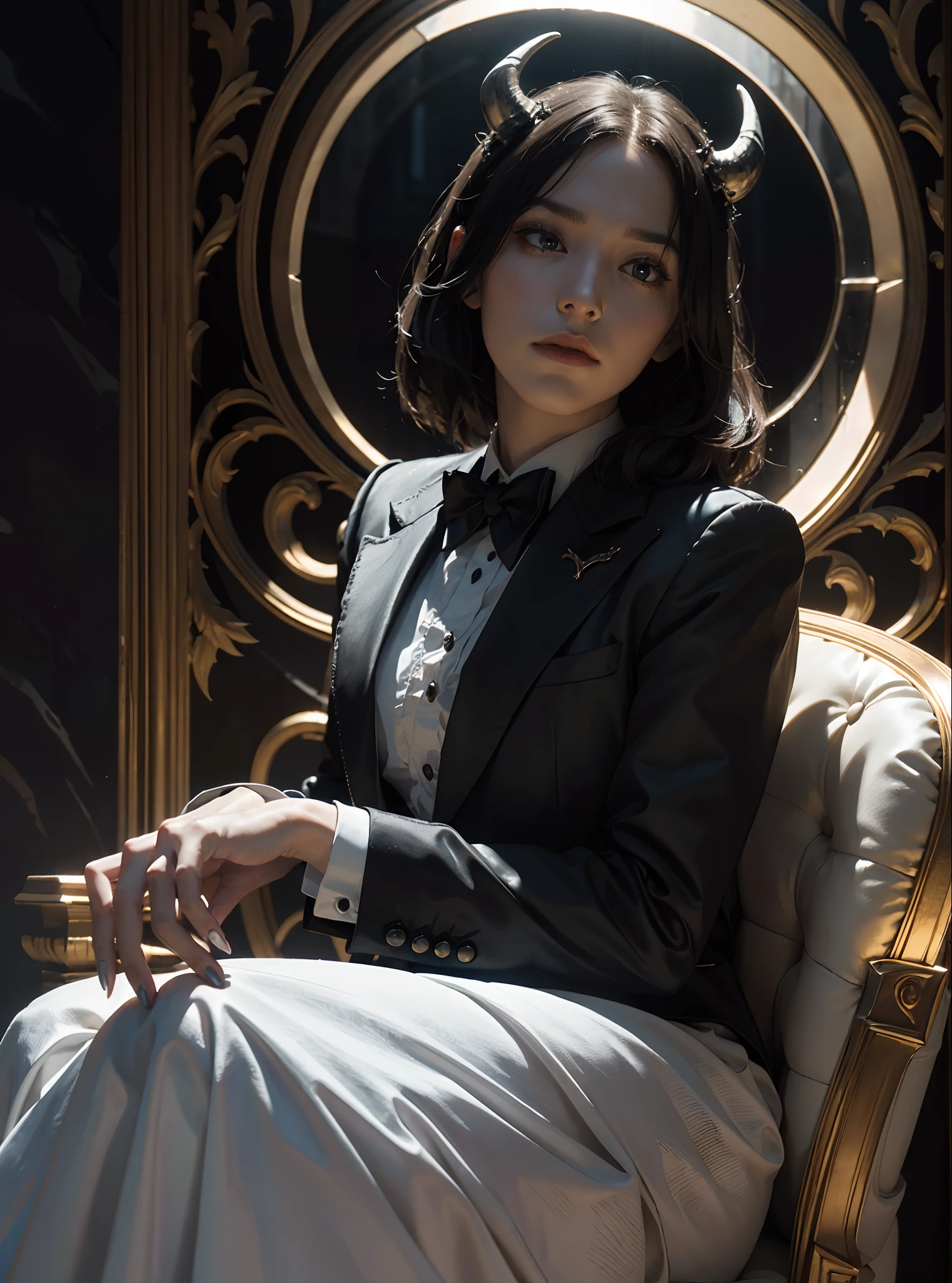 "(exquisitely detailed CG unity 8k wallpaper, masterpiece-quality with stunning realism), (best illumination, best shadow), (best quality), ((gallant man)), (elegant and demonic style:1.2), demon lord, sitting elegantly upon an intricately glorious throne, wearing a (sleek white tuxedo:1.2), (piercing black eyes+short black hair:0.8), surrounded by an ominous and dark atmosphere, accentuated by dramatic and striking lighting, imbued with a sense of surreal fantasy".