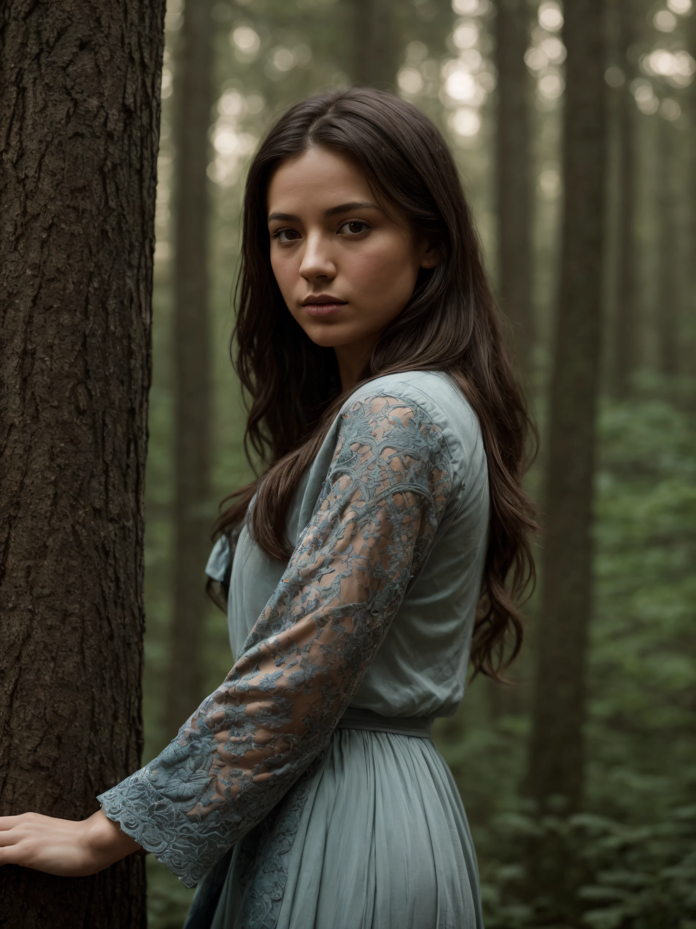 Full body, epic realistic, (dark shot:1.4), 80mm, Create a portrait of a woman with long, dark hair. She has a mysterious expression, gazing at the viewer with a slight tilt of her head. She is simply dressed, with an arm wrapped around a tree branch that also resembles a brain cell. The background features a forest of blue, impressionistic leaves, with an eerie white light shining through and a gradient shadow on the top part of the woman's face. Use a backlighting effect to add depth to the image. impressionistic painting style, John Singer Sargent, Anders zorn, blue palette, wider show with more background and forest, (natural skin texture, hyperrealism, soft light, sharp:1.2), soft light, sharp, exposure blend, medium shot, bokeh, (hdr:1.4), high contrast, (cinematic, teal and orange:0.85), (muted colors, dim colors, soothing tones:1.3), low saturation, (hyperdetailed:1.2), (noir:0.4), (intricate details:1.12), hdr, (intricate details, hyperdetailed:1.15), faded, (neutral colors:1.2), art, (hdr:1.5), (muted colors:1.1), (pastel:0.2), hyperdetailed, (artstation:1.4), warm lights, dramatic light, (intricate details:1.2), vignette, complex background, Rutkowski,