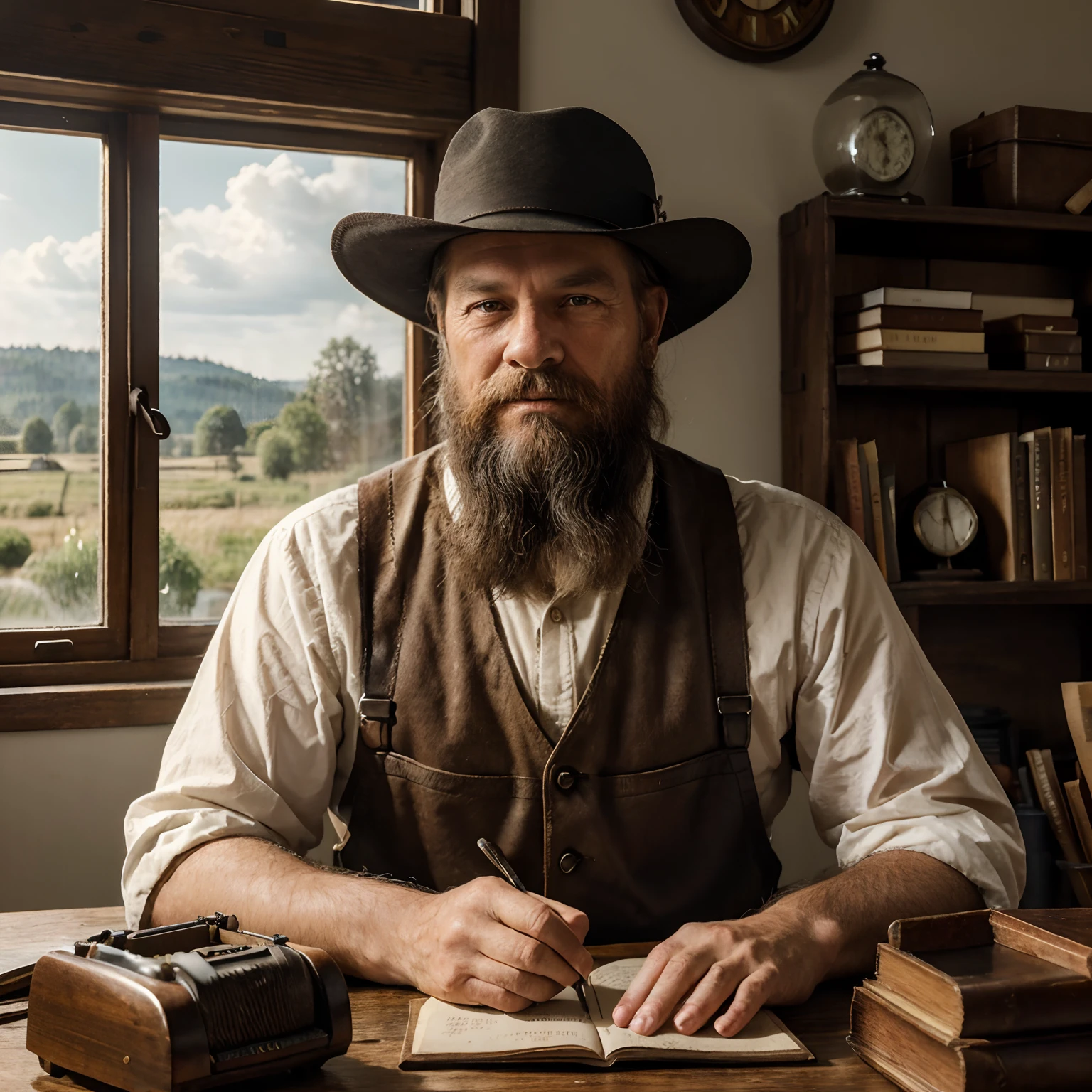 A 68-year-old Amish man posing seated in a rustic wooden office, leader of the community, (best quality,4k,8k,highres,masterpiece:1.2), ultra-detailed, (realistic,photorealistic,photo-realistic:1.37), traditional black and white photography, warm sepia tone, soft and diffused lighting, weathered wooden desk, antique typewriter on the desk, a stack of handwritten letters, shelves filled with leather-bound books, a view of the countryside through a small window, man wearing traditional Amish clothing including a black hat and suspenders, long white beard and gentle smile, rays of sunlight streaming through the window illuminating his face, atmosphere of serenity and wisdom, peaceful and time-honored.