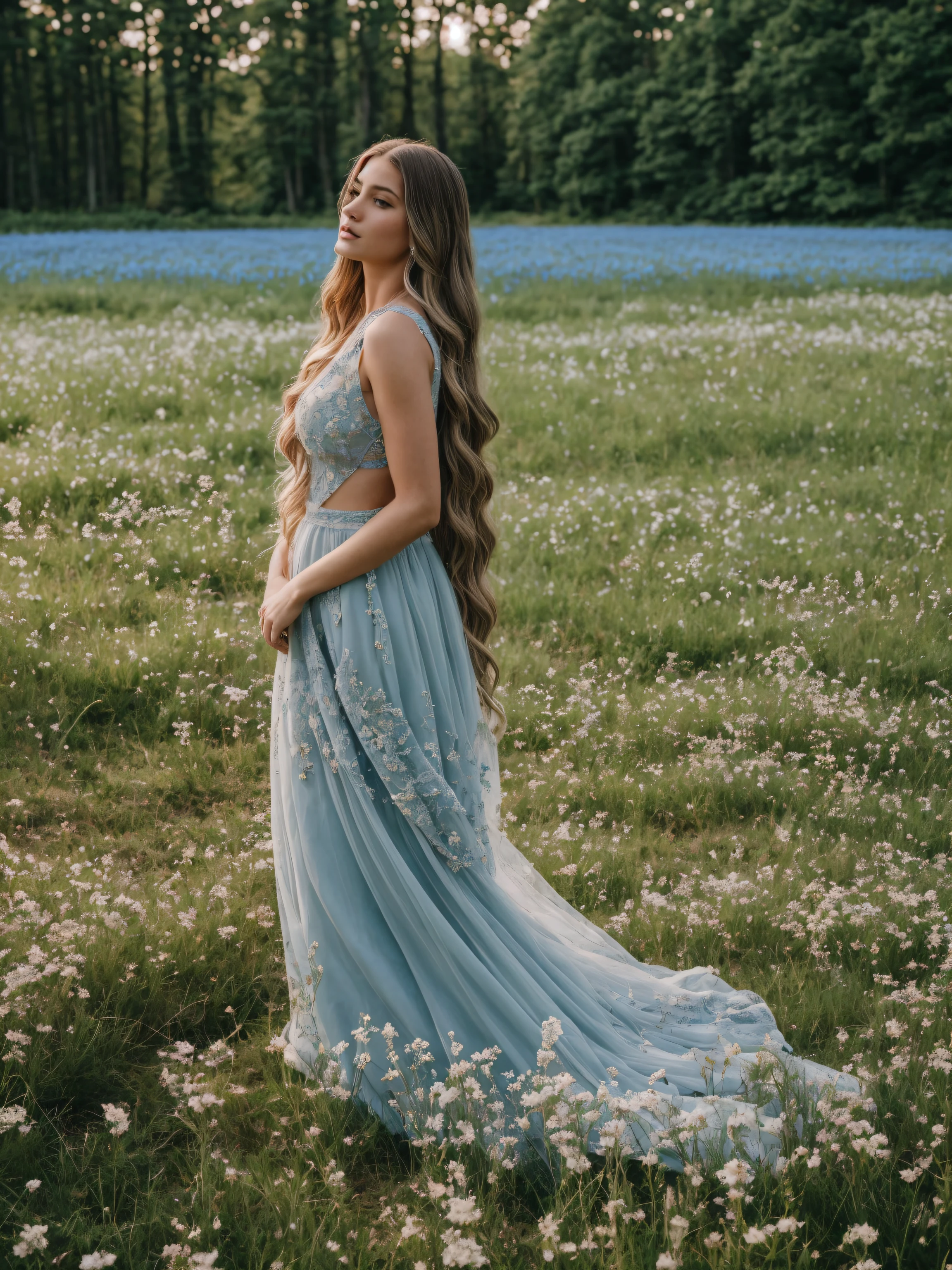 Full body, a woman on a field full of beautiful flowers, she is mesmerized, long hair, absolute beauty, aesthetic body, elegant dressing, popular outfit with ornaments, open cleavage, the forest of blue magic on the background, Hyper-detailed, ultra-realistic, hyper-realistic, ultra-detailed, HD Crisp Upscaled, realistic image, --v6
