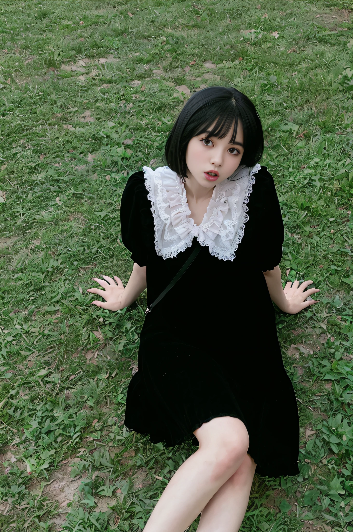 there is a woman sitting on the grass with her hands out, frilled blooming collar, black velvet dress, loli in dress, she has black hair with bangs, 🤤 girl portrait, she is wearing a black dress, lofi girl, black gothic lolita dress, portrait of jossi of blackpink, album art, wearing a gothic dress, mid shot portrait