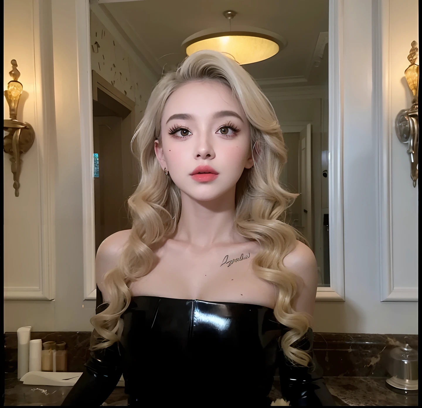 Mujer arafed con un tatuaje en el pecho y un vestido negro, Retrato de Kim Petras, pale skin curly blond hair, Yelena Belova, con cabello largo y rubio, Cara como Ester Exposito, Dasha Taran, por Emma Andijewska, con maquillaje profesional, con el pelo rubio muy largo, Una chica con cabello rubio