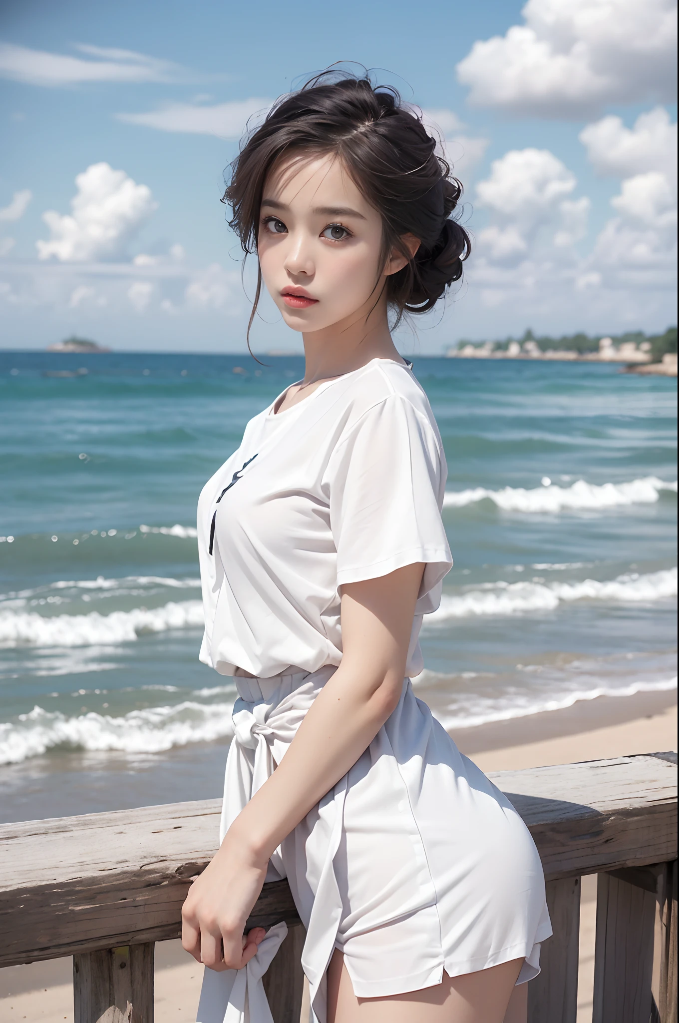 (Masterpiece, Superb work,4K 分辨率, Ultra-realistic:1.3),Girl posing for photo in white shirt and pleated skirt，(A half body:1.2)，Slim body，(medium chest circumference)，Slim girl model，24 years old female model，(Have by the sea:1.3)，Soft light，Detailed background,Coordinated body proportions，facial closeups，well detailed face，(white  shirt:1.3)，(pleatedskirt:1.3)，Superskirt，(White panties 1.2)，