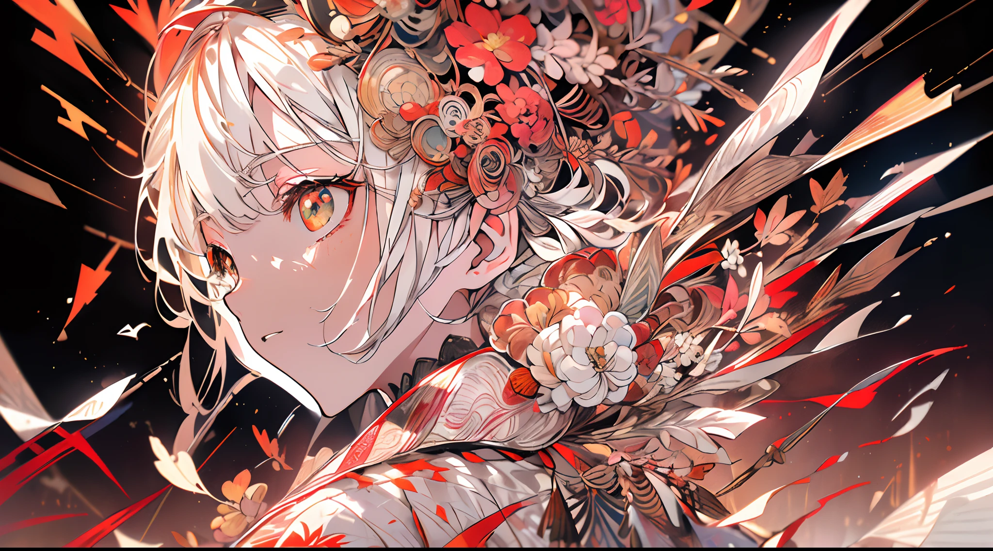 (White background:1.4),(White dirt roads, Oriental elements)，(Nature illustration autumn:1.3，paper art:1.3, Quilted paper art:1.2),( reasonable design, Clear lines, High sharpness,Best quality, Very detailed, masutepiece, movie light effect, 4K )(Colored leaves、Autumn foliage:1.0)、Many autumn leaves flutter、ventania、Background with