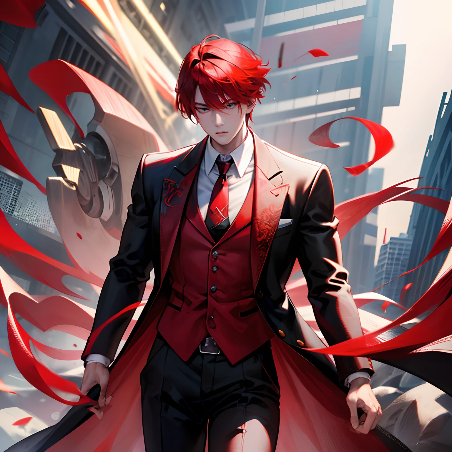 Brazilian boy in a white suit of black tie, one thumbs up,sad man, red hair --auto --s2