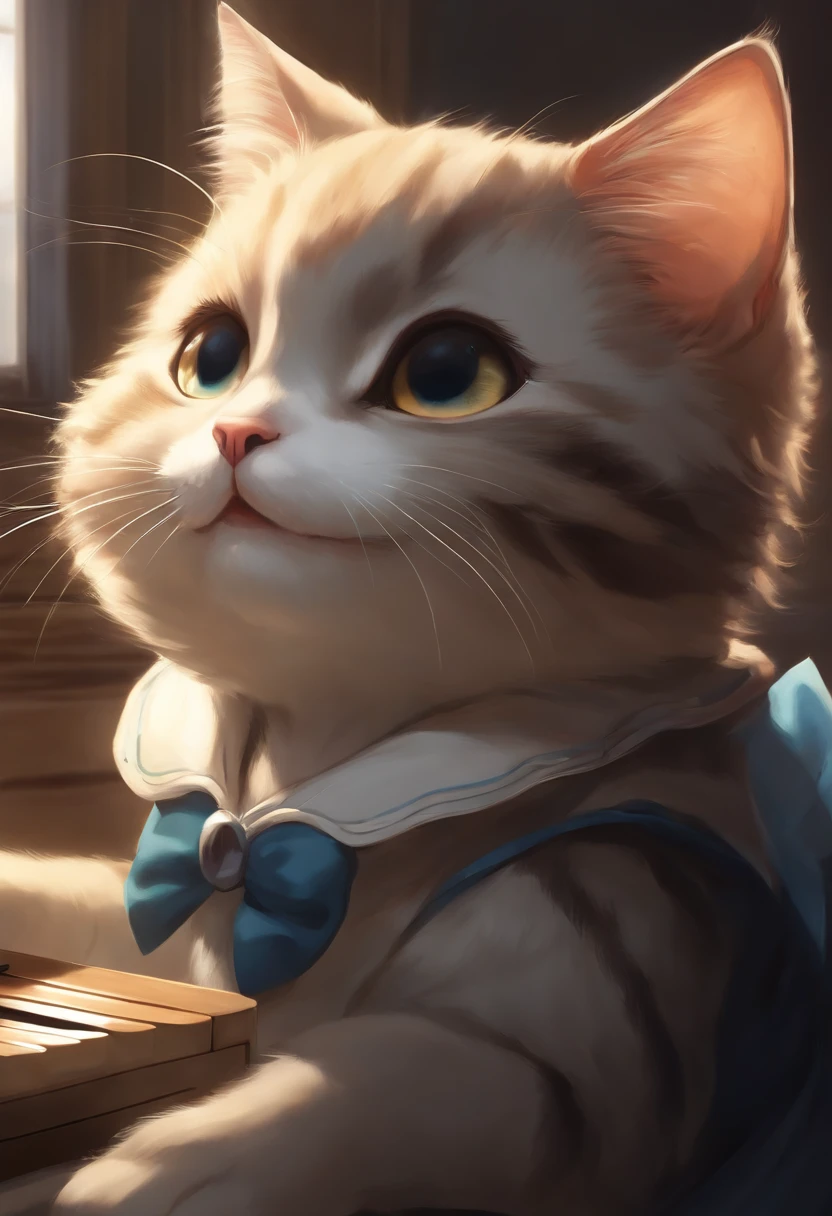 There is a cat that sits with its mouth open, anime cat, anime visual of a cute cat, Cute cat, Eared flounder, cute artwork, by Shitao, realistic anime cat, happy cat, sora as a cat, expressing joy. by krenz cushart, cute anime catgirl, by Yang J, Cat [ playing piano ]