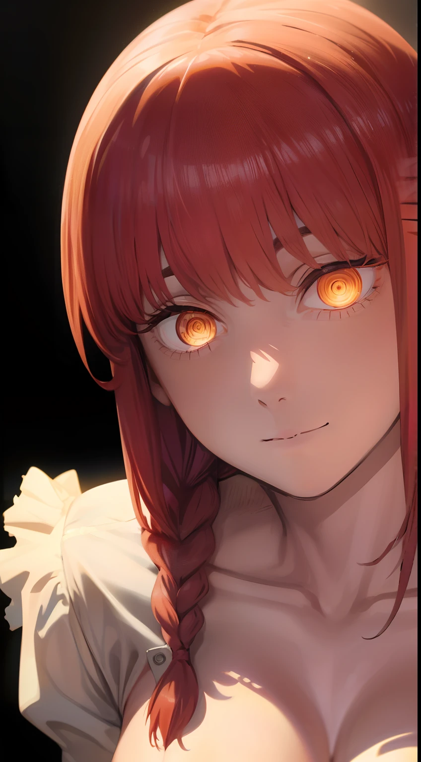 naked body, sexy body, beautiful breasts, waist, tmasterpiece, beste-Qualit, portraite of a, a 1girl,makima \(chainsaw man\), 独奏, standingn, redhead hair, hairlong, braided, (bright glowing eyes: 1.4), (golden eyes: 1.3), dilated pupils, quiff, Average Breasts, white shirt, tie, opinion, ssmile, looking a viewer, (interview:1.3), hight resolution, (facial focus:1.4), (gaze at the viewer:1.15), (black backdrop,)