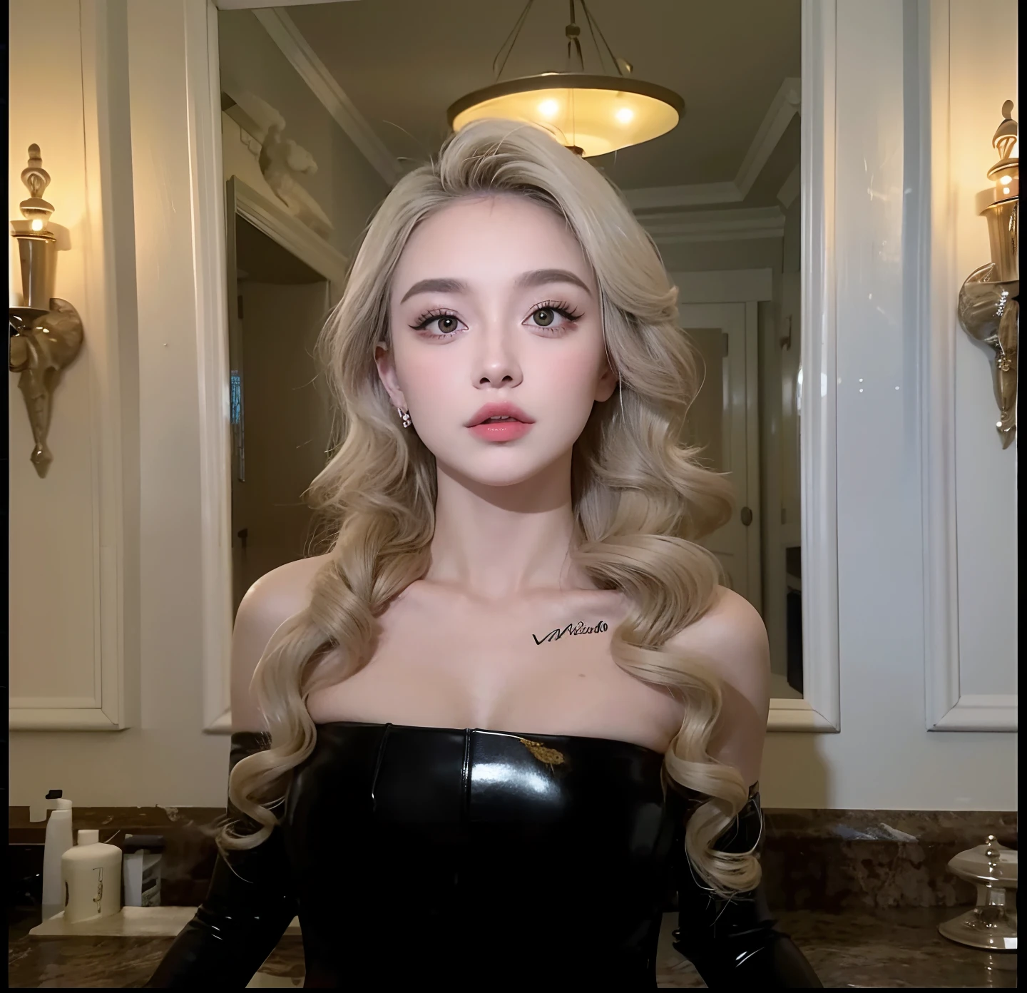 Mujer arafed con un tatuaje en el pecho y un vestido negro, Retrato de Kim Petras, pale skin curly blond hair, Yelena Belova, con cabello largo y rubio, Cara como Ester Exposito, Dasha Taran, por Emma Andijewska, con maquillaje profesional, con el pelo rubio muy largo, Una chica con cabello rubio