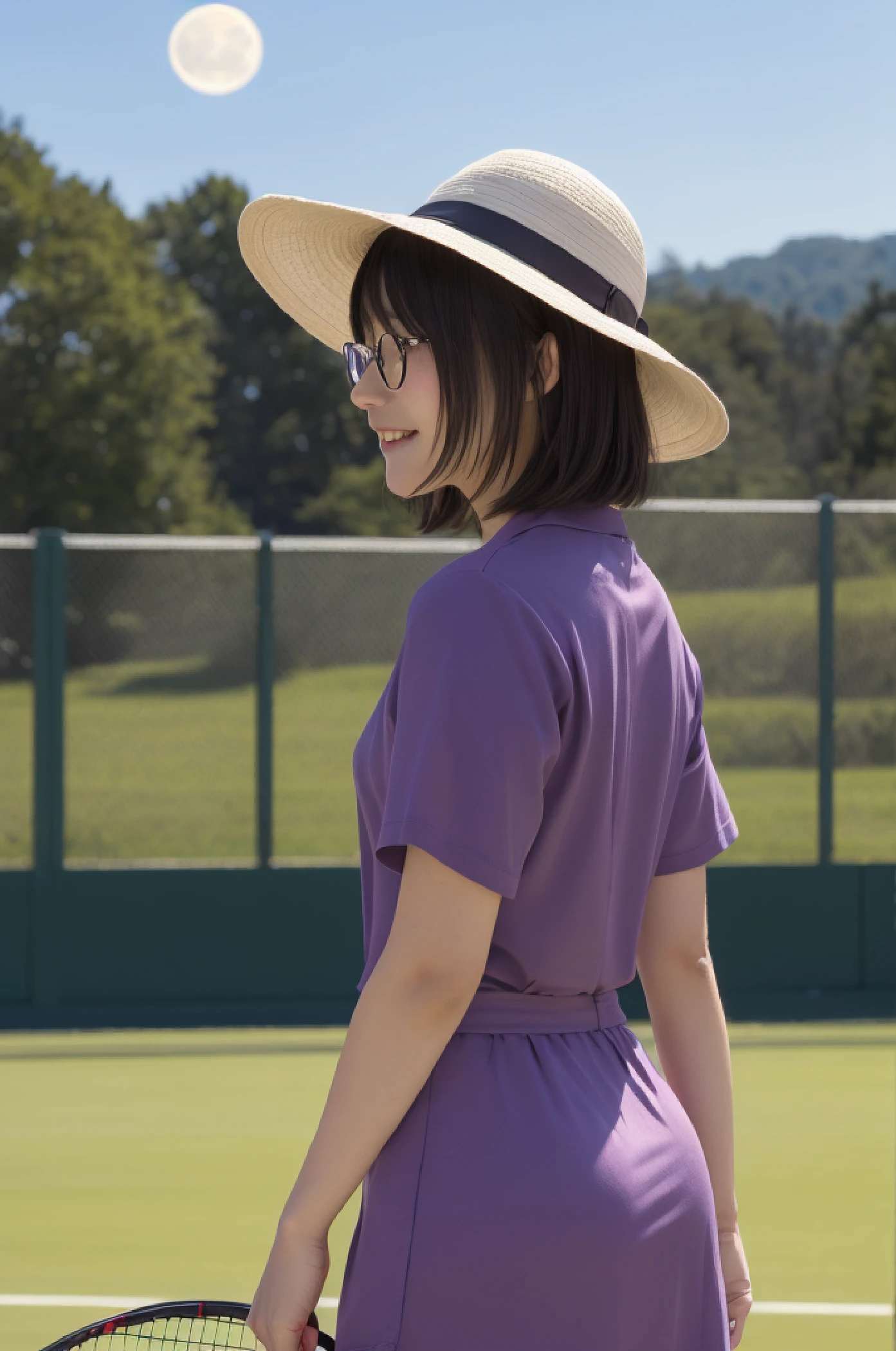 Ala Fed woman in pink shirt holding tennis racket on green field, akikazu mizuno, hanekawa tsubasa, akira yoshizawa, 奈良美智, Ayami Kojima Amano, yukii morita, Yuka Kazami, Sui Ishida, narumi kakinouchi, Rinko Kawaichi, top-quality、extremely delicate and beautiful、(A age girl)、Purple Eye、Green hair, (purple witch hat)、Purple tie、Soio、shortsleeves、Purple skirt、Purple Wizard Robe、Navel、is standing、Facing the front、Expression of hatred、Grinning、Full moon night on background、Only eyes, (masterpiece:1.3), (8K, Photorealsitic, RAW Photography, Top image quality: 1.4), (1girl in), beauitful face, (lifelike face), (A dark-haired, short-hair:1.3), Beautiful hairstyle, realisticeyes, beautiful finely detailed eyes, (real looking skin), Beautiful skins, (Round glasses), absurderes, enticing, 超A high resolution, A hyper-realistic, High Detail, the golden ratio, (natta, murky, Rim Lighting, from side view)