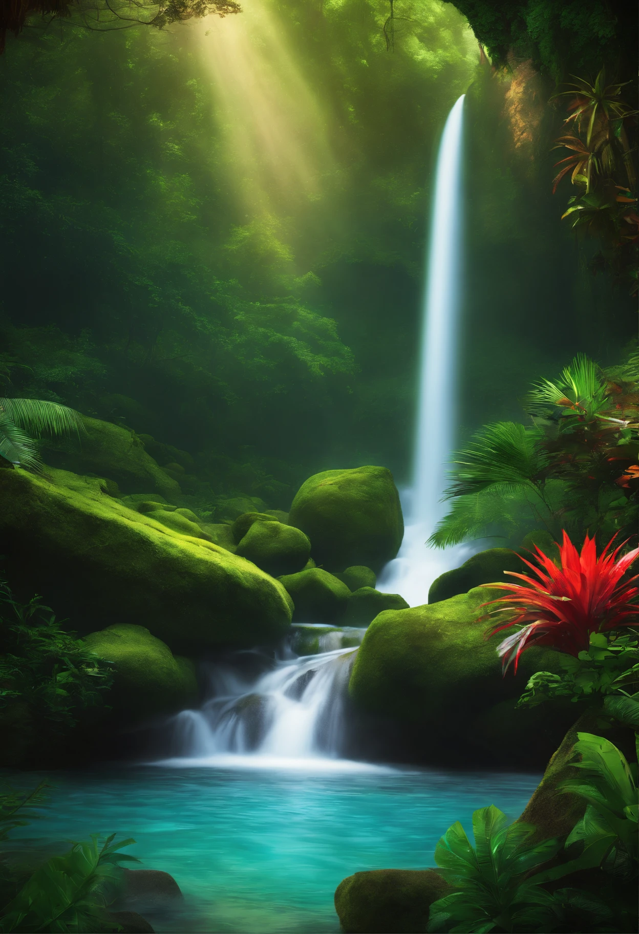 sunny tropical jungle vivid colors asymmetrical waterfall into shallow pool rough chiseled large moss covered boulders (colorful plants:1.2) volumetric fog high contrast
(masterpiece:1.2) (flat vector illustration:1.1) (best quality:1.2) (detailed) (intricate) (8k) (HDR) (wallpaper) (cinematic lighting) (sharp focus)