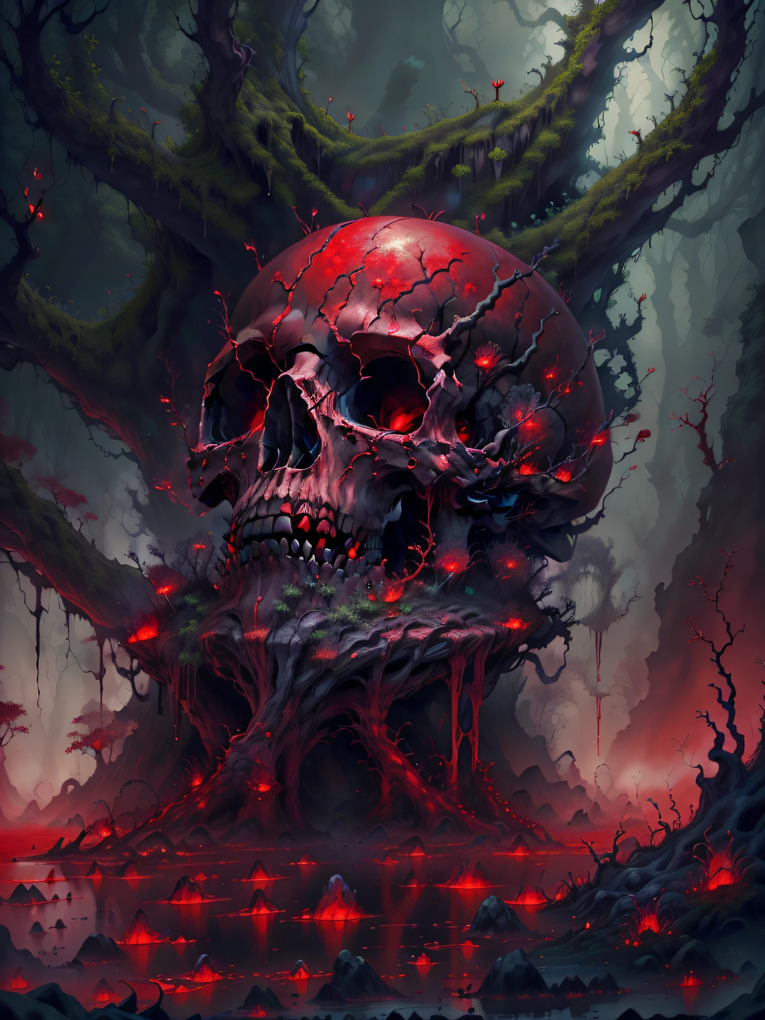 (Best quality, 4K, A high resolution, Masterpiece:1.2), dark fantasy horror art:1.37, Giant Skull Cave,skull, Bones, an overgrown, dense fog, Red, Rivers of blood flow,Bloody +Red liquid+ conceptual art