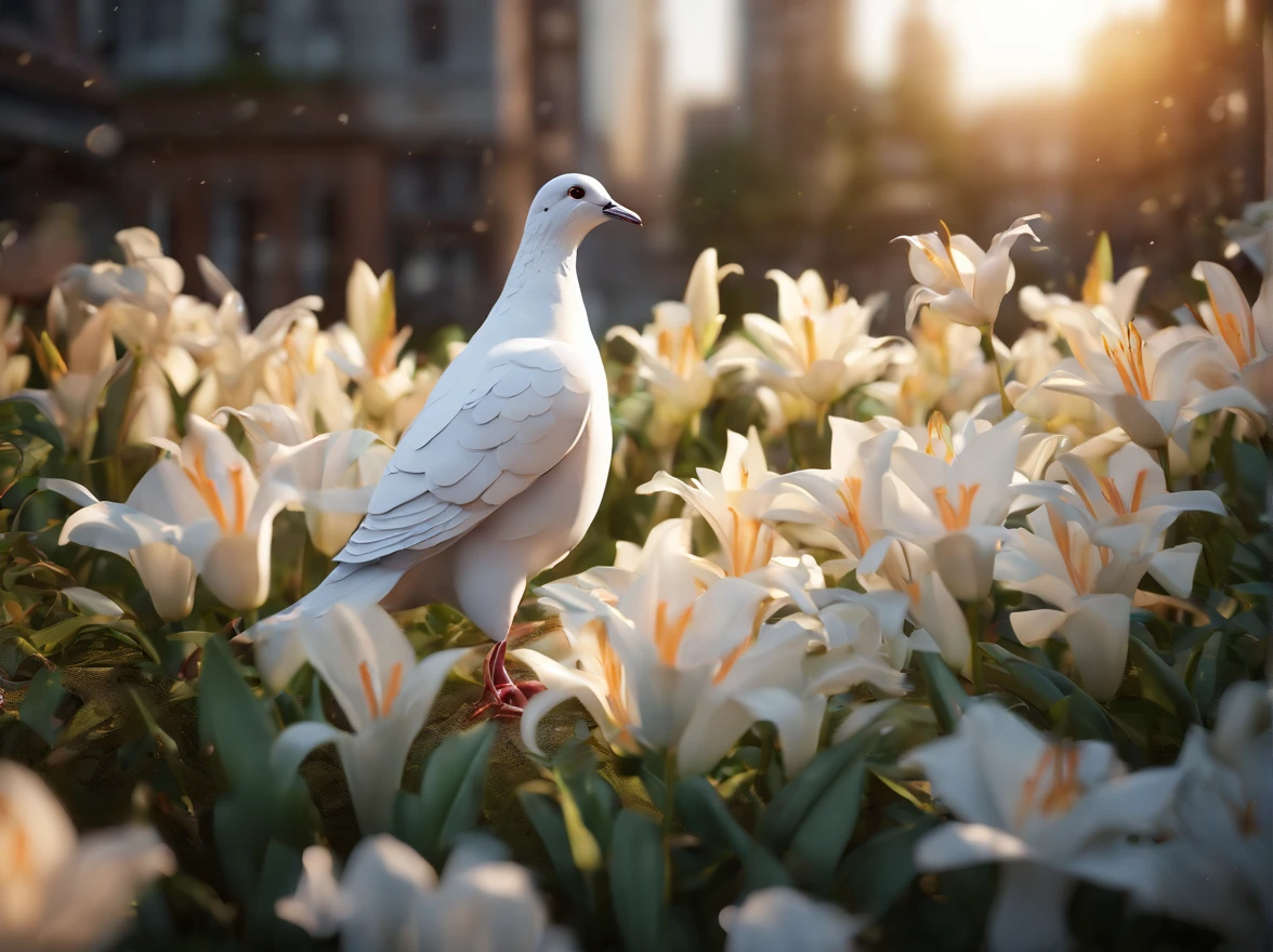 A white dove flies over a bush of white lilies, The city is in ruins, look at a camera, soft volumetric lights, (backlit:1.3), (cinematic:1.2), intricate details, (ArtStation:1.3),