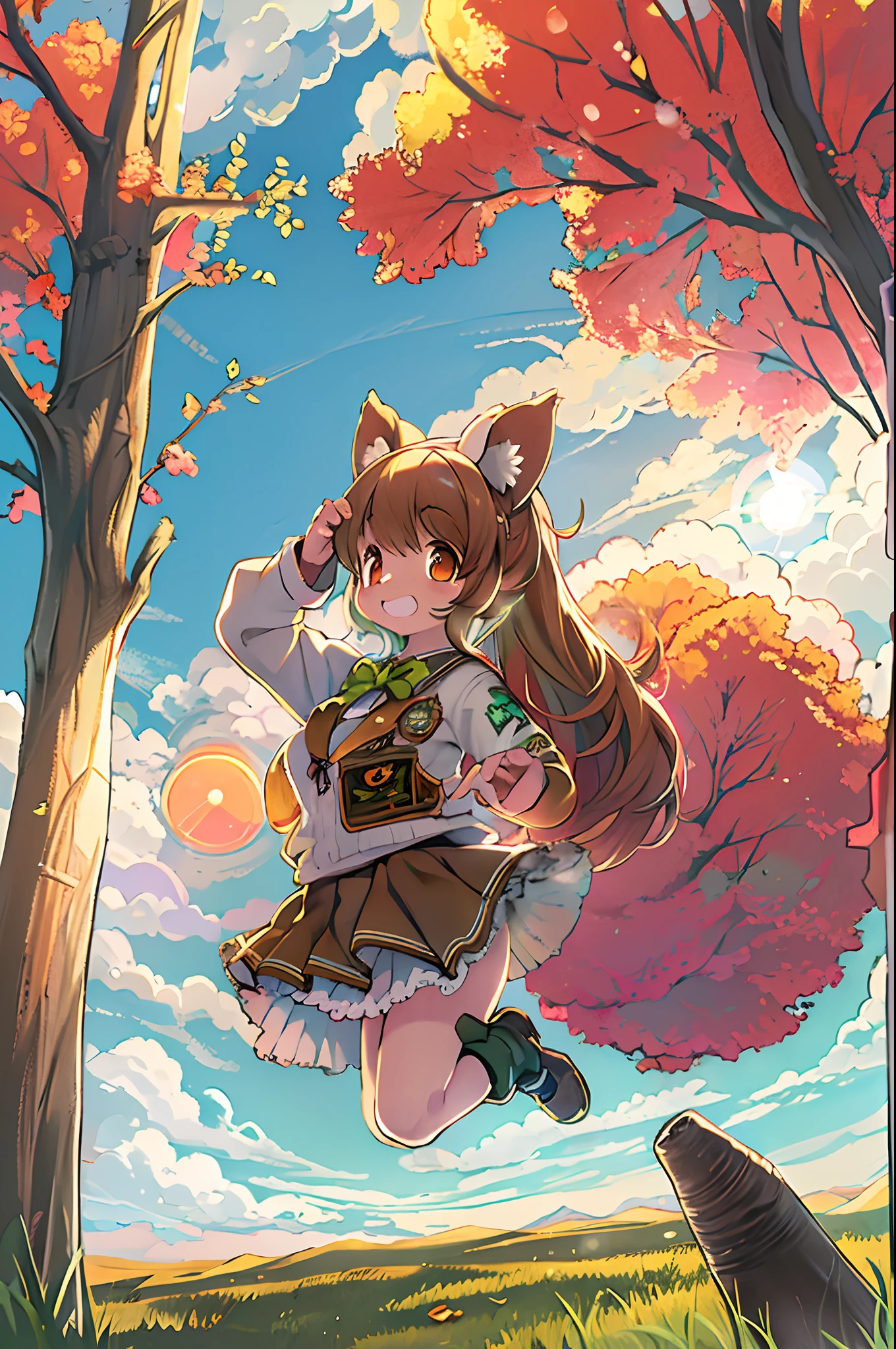Sally Acorn, 1girl in, Solo, tree, skyporn, Outdoors, Skirt, cloud, brown, hair, Sunset, lens, f lare, Scenery, School, uniform, Sun, Wind, long, sleeves, 、bbw