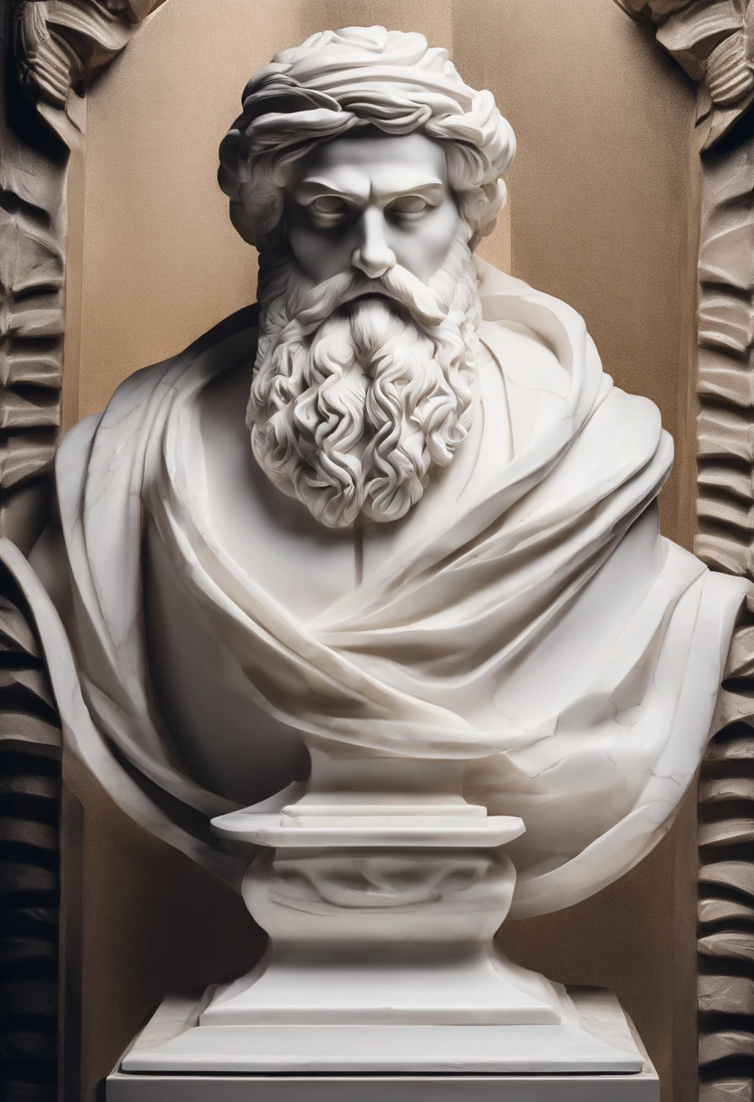 White marble statue of a bust of a wise man in the style of a bearded Greek philosopher in a museum. dark ambiance, High contrast between light and shadow, professional photograpy, Utralellista, Light Volumetric, cinematic, Wearing gold axery