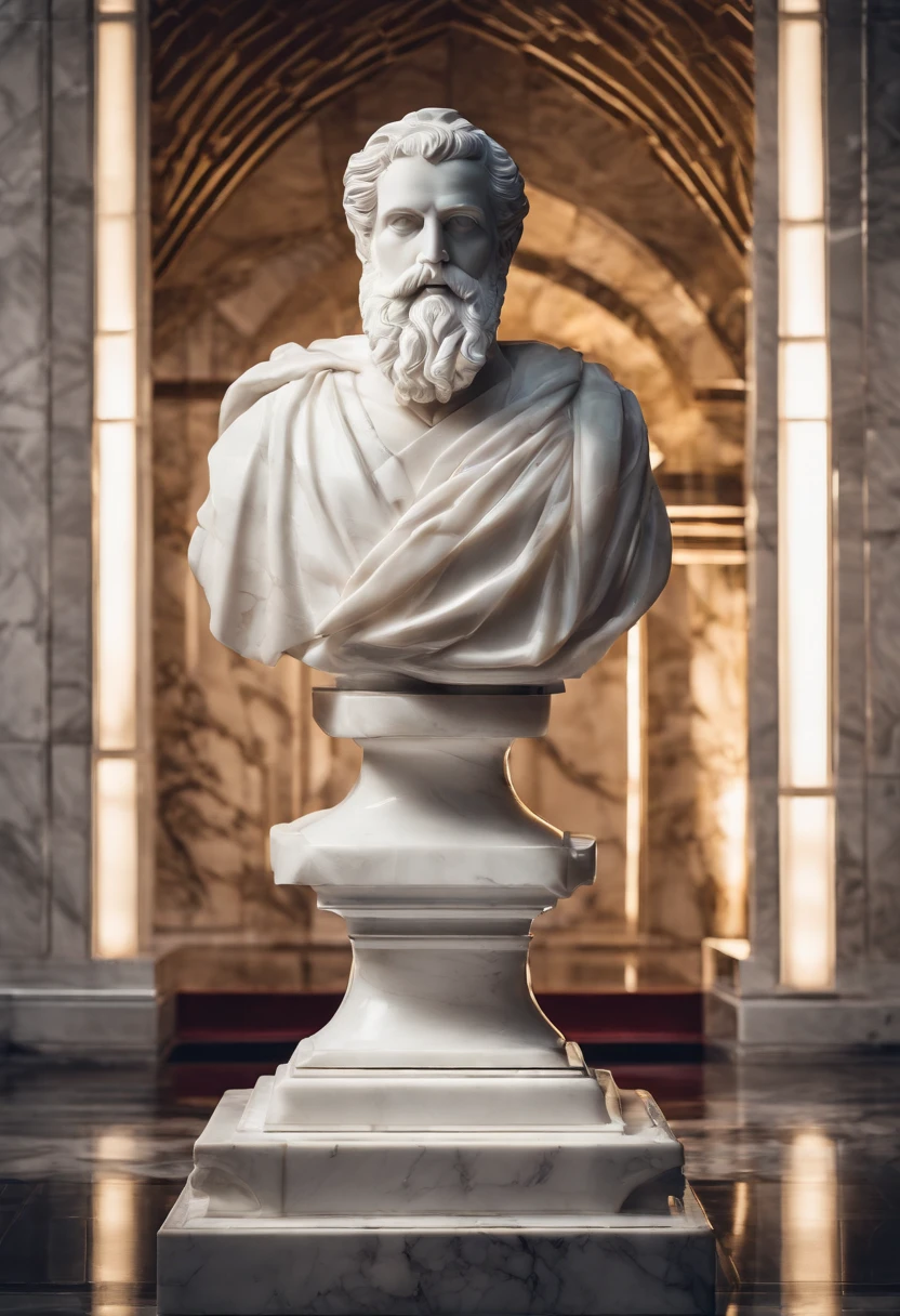 White marble statue of a bust of a wise man in the style of a bearded Greek philosopher in a museum. dark ambiance, High contrast between light and shadow, professional photograpy, Utralellista, Light Volumetric, cinematic, Wearing gold axery