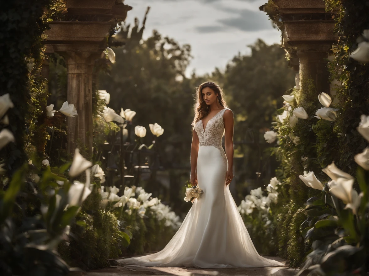 A white dove flies over a bush of white lilies, The city is in ruins, look at a camera, soft volumetric lights, (backlit:1.3), (cinematic:1.2), intricate details, (ArtStation:1.3),