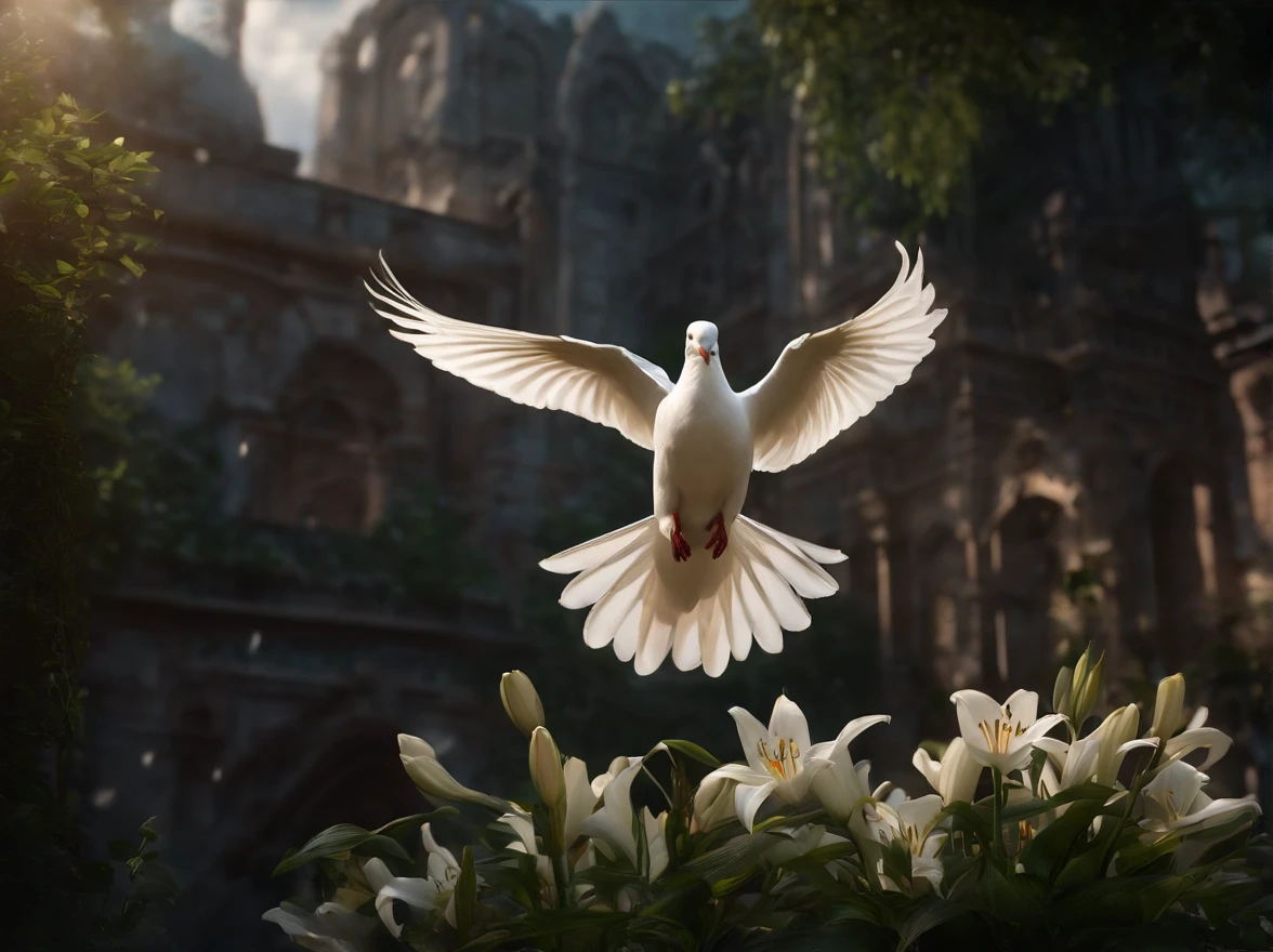 A white dove flies over a bush of white lilies, The city is in ruins, look at a camera, soft volumetric lights, (backlit:1.3), (cinematic:1.2), intricate details, (ArtStation:1.3),