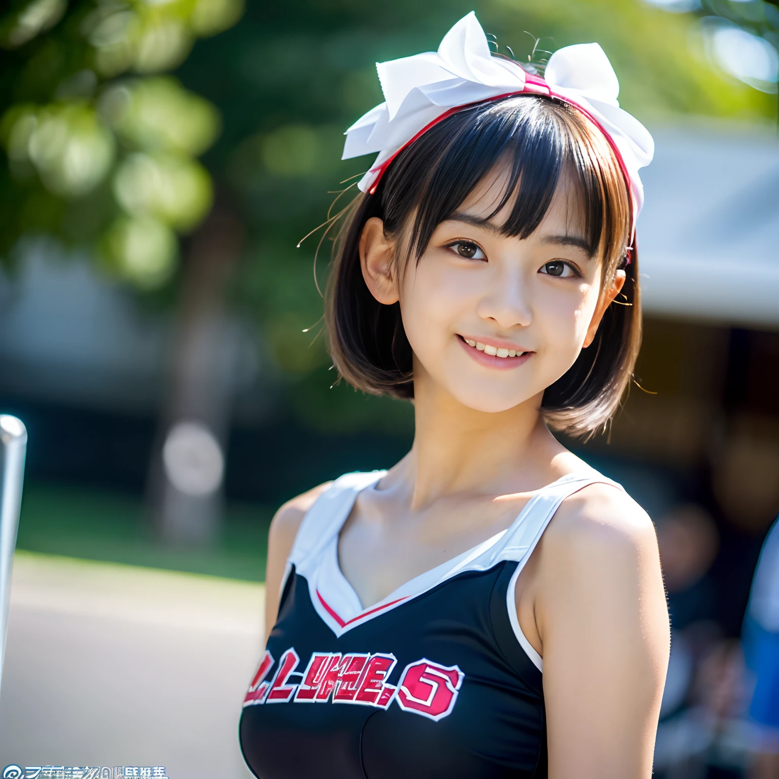 (best quality, masterpiece:1.2, ultra-high resolution, photorealistic:1.4), explicit genital details), 1girl, 12 years old, Japan's top idol, beautifully detailed face, stunning big black eyes, flawless body, beautiful chest, innocent smile, black short cut hair, wearing cheerleader's costume