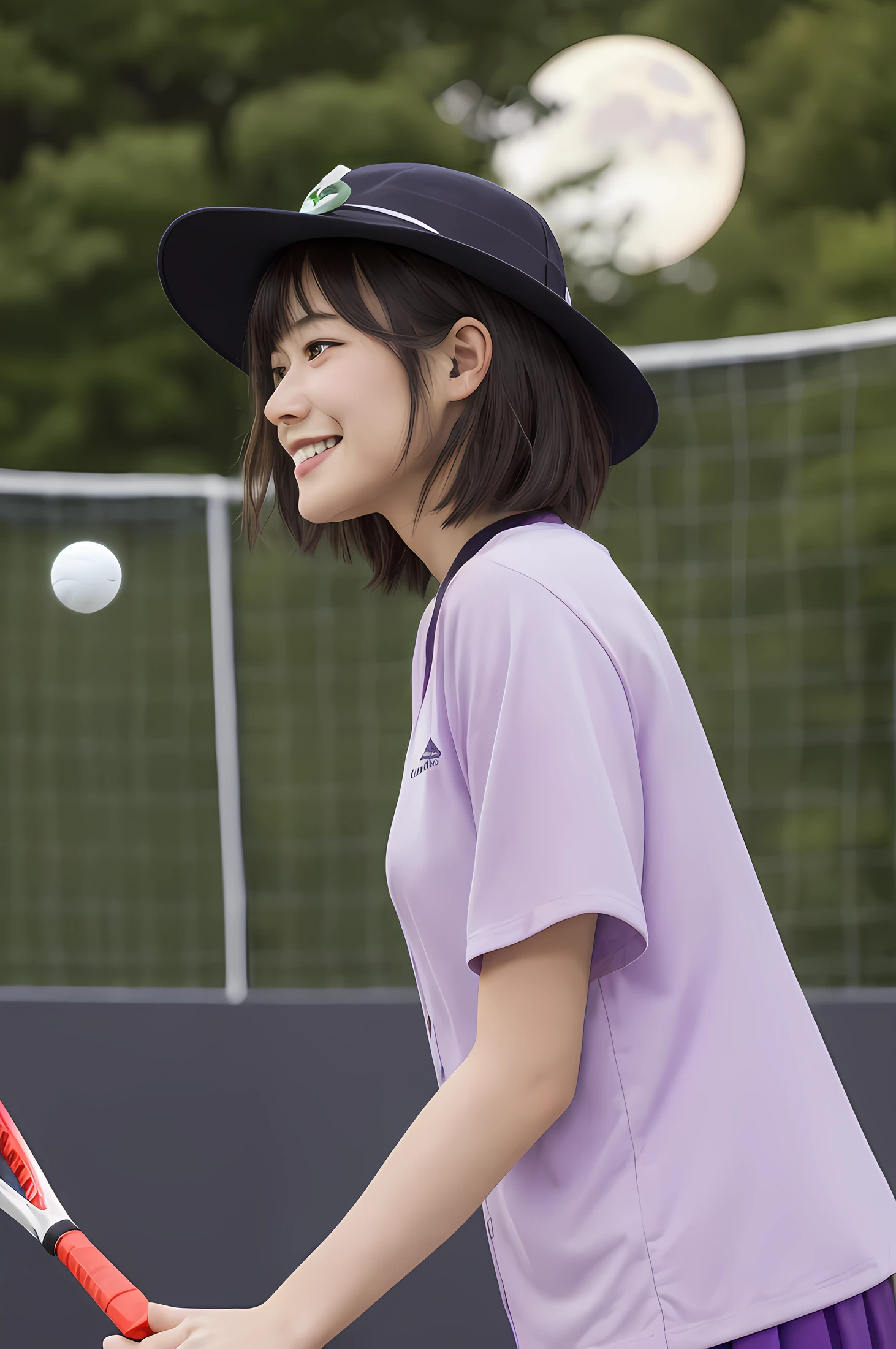 Allahed woman in pink shirt with tennis racket on green field, akikazu mizuno, hanekawa tsubasa, akira yoshizawa, 奈良美智, Ayami Kojima Amano, yukii morita, Yuka Kazami, Sui Ishida, narumi kakinouchi, Rinko Kawaichi, top-quality、extremely delicate and beautiful、(A teenage girl)、Purple Eye、Green hair, (purple witch hat)、Purple tie, Soio、shortsleeves、Purple skirt、Purple Wizard Robe、Navel、is standing、Facing the front、Expression of hatred、Grinning、Full moon night on background、Only eyes, (masterpiece:1.3), (8K, Photorealsitic, Top image quality: 1.4), (1girl in), beauitful face, (Lifelike face), (A dark-haired, short-hair:1.3), Beautiful hairstyle, realisticeyes, beautiful finely detailed eyes, (real looking skin), Beautiful skins, (Round glasses), absurderes, enticing, 超A high resolution, A hyper-realistic, high detailing, the golden ratio, (natta, murky, Rim lighting, from side view)