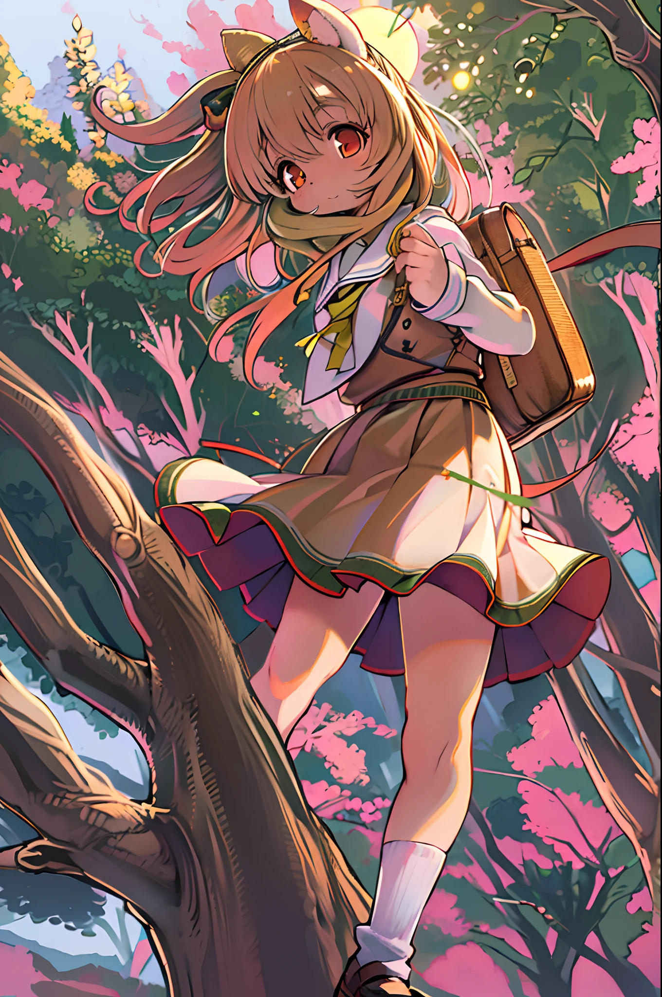 Sally Acorn, 1girl in, Solo, tree, skyporn, Outdoors, Skirt, cloud, brown, hair, Sunset, lens, f lare, Scenery, School, uniform, Sun, Wind, long, sleeves, animal snout