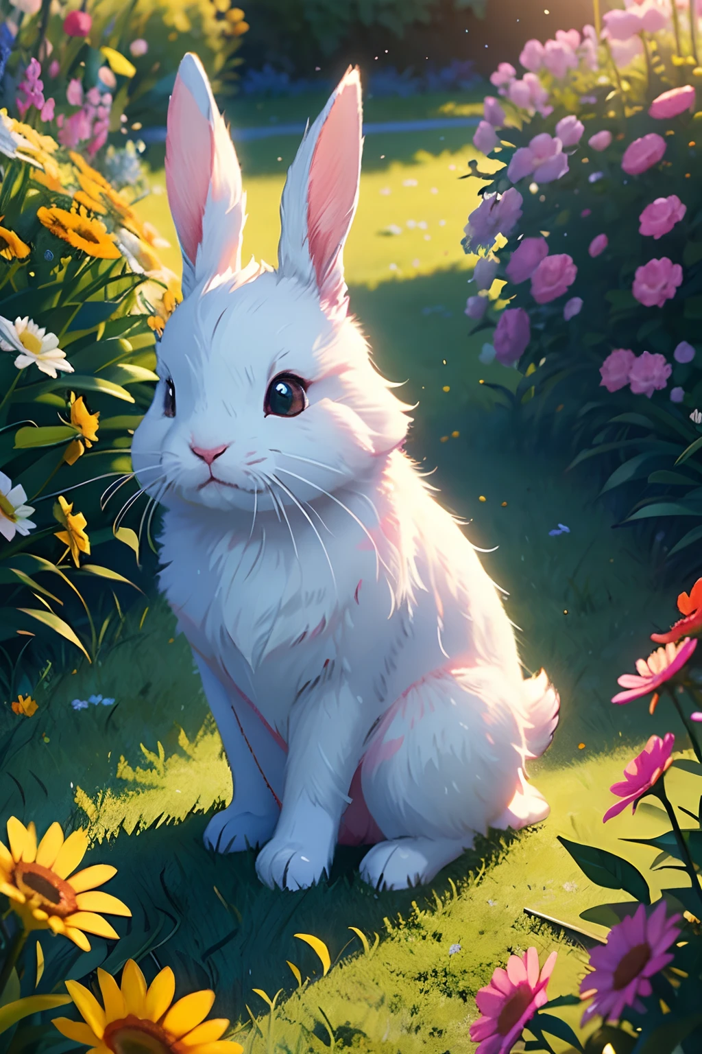 a cute bunny in a vibrant garden,soft fluffy fur,bright lively environment(false:1.1),lush green grass and colorful flowers(playful,joyful),sunlit setting,beautiful detailed eyes,tiny twitching nose,adorable floppy ears(active,true:1.1),playfully hopping around,immersed in the natural scenery,best quality,ultra-detailed,realistic:1.37,colorful and vibrant palette,soft natural lighting.