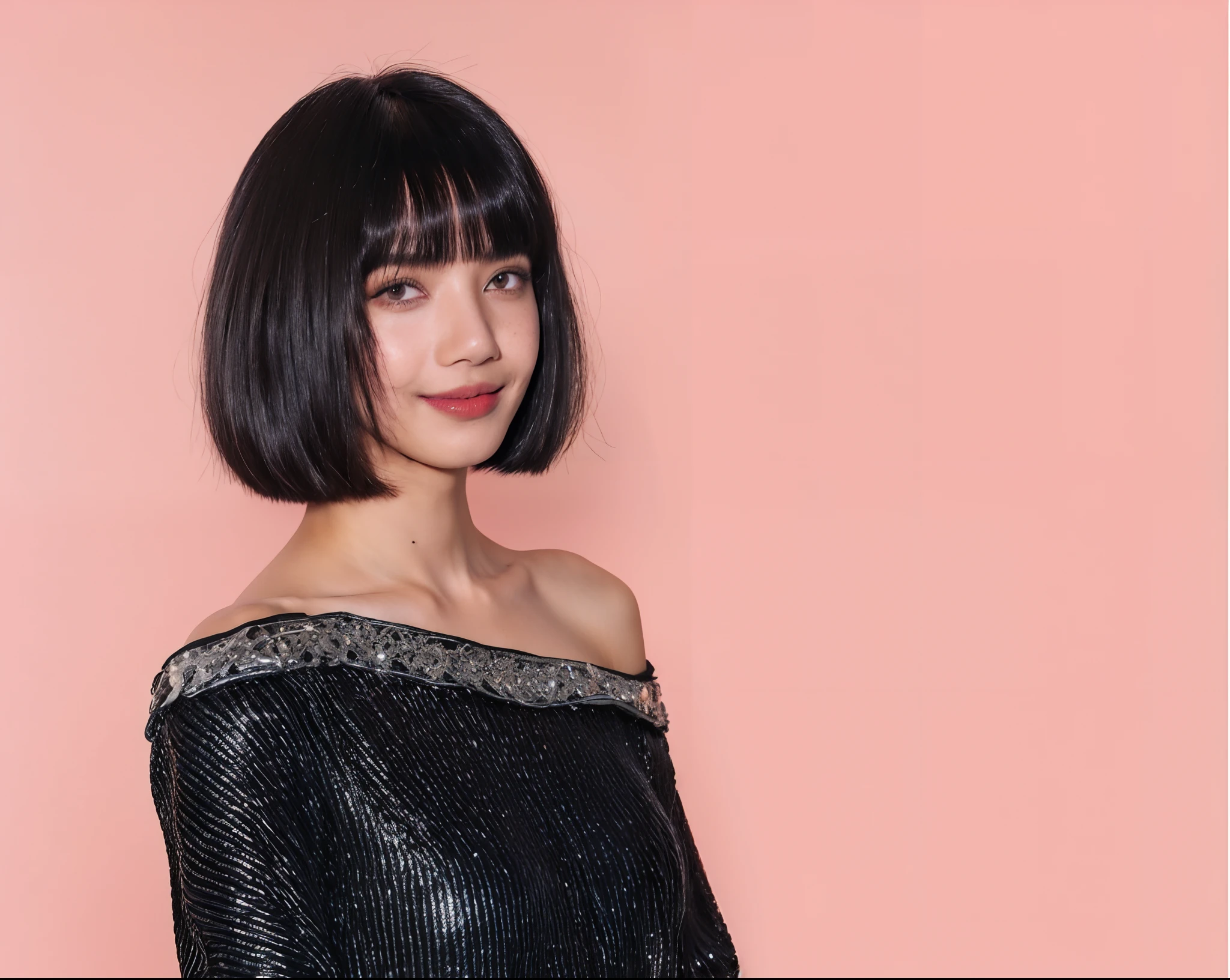 (skin blemish:1.2), (skindentation), freckles, moles, wrinkles, or blemishes, pores, skin texture, and fine lines, there is a woman with a black top and a pink background, french bob, french bob hair, she has black hair with bangs, black bob hair, black shiny bob haircut, black bob cut hair, short black hair with bangs, black bob haircut, with short hair with bangs, glittery short black hair, neat hair with bangs, hair blackbangs hair, smile, realistic, best quality, photorealistic, masterpiece, 8k, high res, solo, extremely detailed face, (professional lighting, bokeh), (light particles, lens flare, glowing particles:0.6), (dynamic pose:1.2), soft lighting, top angle view, fashionable and trendy atmosphere