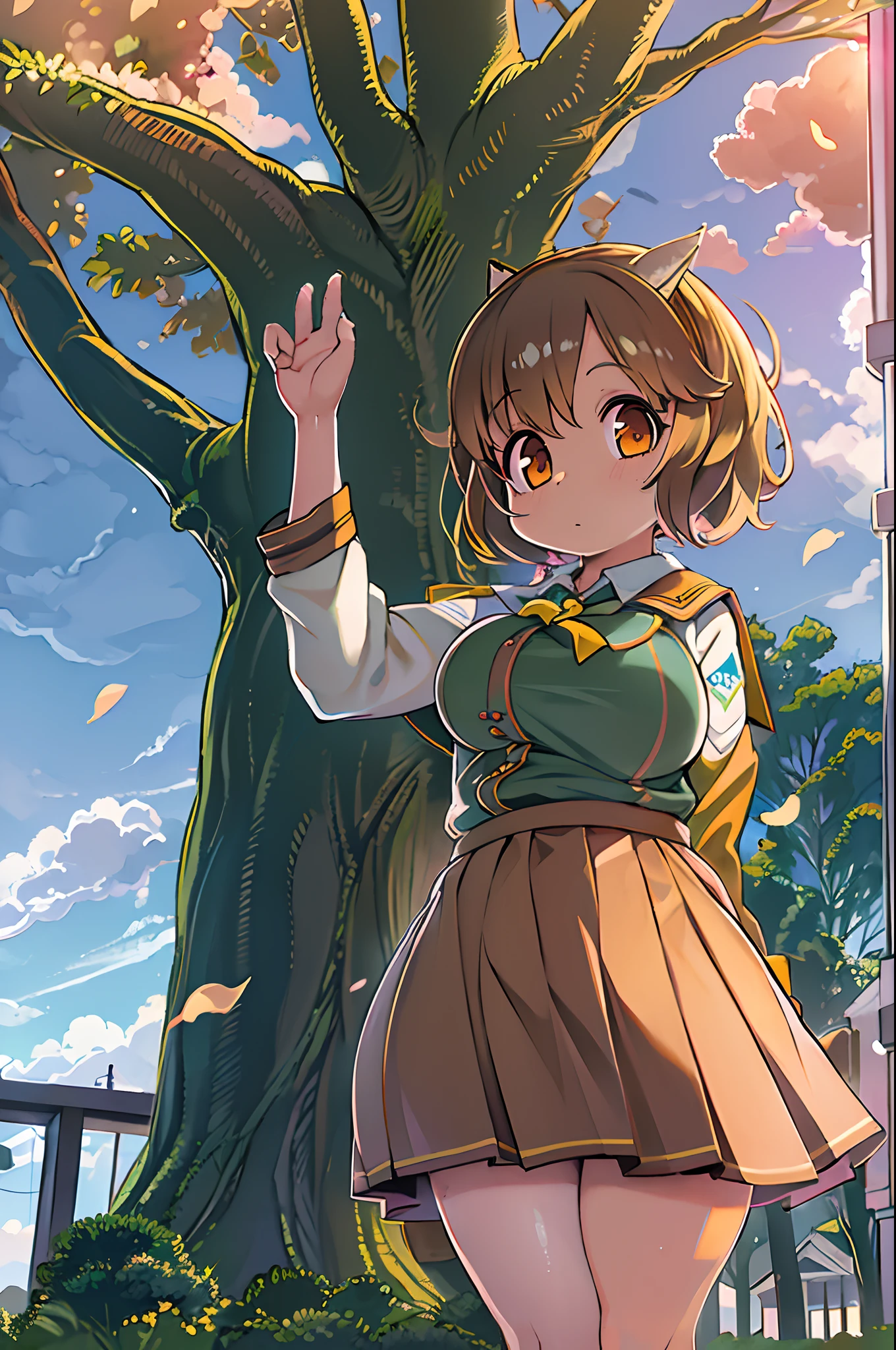 Sally Acorn, 1girl in, Solo, tree, skyporn, Outdoors, Skirt, cloud, brown, hair, Sunset, lens, f lare, Scenery, School, uniform, Sun, Wind, long, sleeves, 、bbw、huge-breasted