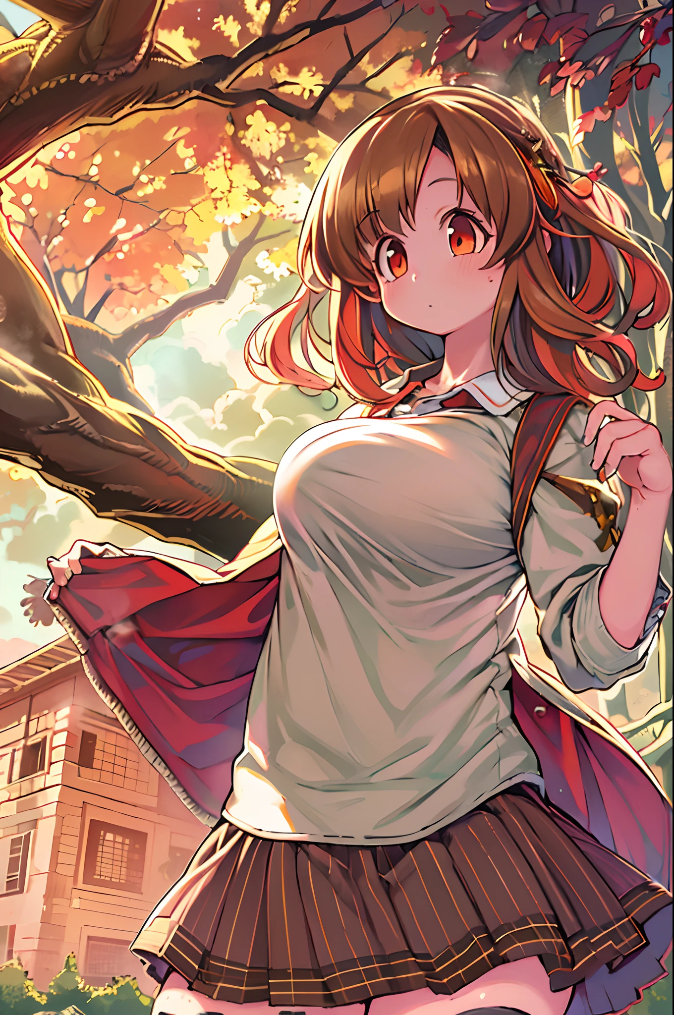 Sally Acorn, 1girl in, Solo, tree, skyporn, Outdoors, Skirt, cloud, brown, hair, Sunset, lens, f lare, Scenery, School, uniform, Sun, Wind, long, sleeves, 、bbw、huge-breasted