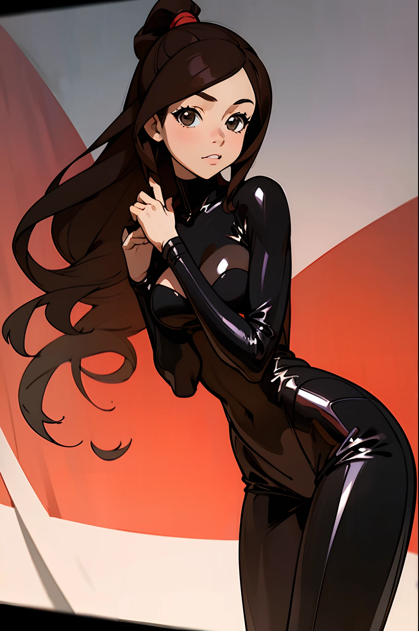 solo, 1girl, photoshoot, looking at viewer, long brown hair, black latex suit, ty lee