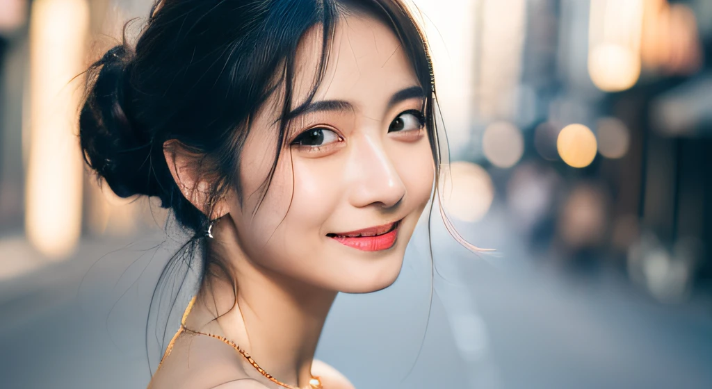 (8K, top-quality, ​masterpiece, 超A high resolution, A hyper-realistic), High Detail, (Face like the real thing), Photorealsitic, Raw foto, ((one beautiful women)), 22year old, Detailed face, beautidful eyes, realisticeyes, Eyes in Beautiful Details, (real looking skin), Beautiful skins, enticing, depth of fields, the city street, opened white shirt, small tits, Faint lips, wetting hair, (See the viewer's eyes), a smile, Beautiful skins, enticing, the golden ratio, (Detal Face:1.2), japanes，japanaese girl, ((platinum, Simple accessories, Small jewelry, Only one accessory, a necklace, piercings)), simple background