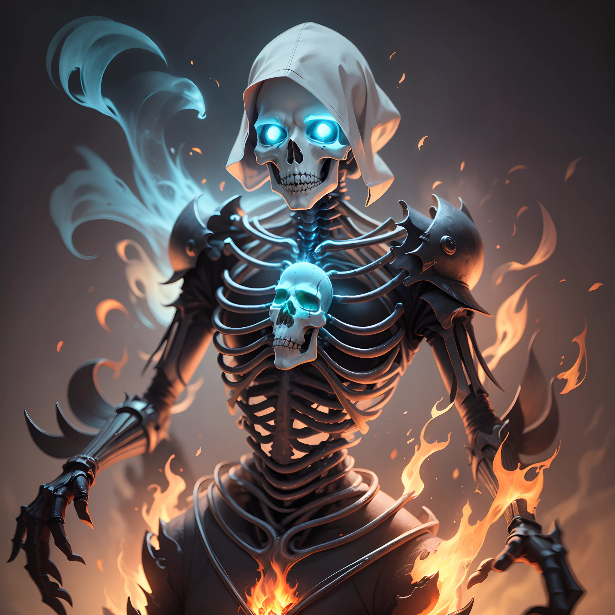 (A detailed, Realistic) skelleton, (Glowing),A skull with blue ghost fire。