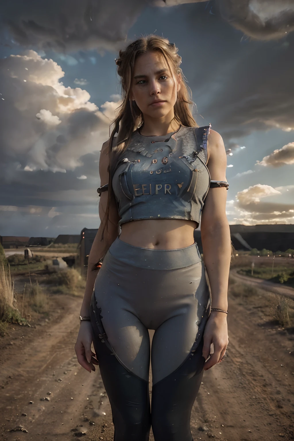 woman, (top view: 0.9), (all of the body: 2.2), RAW UHD photo of a blonde, (8k, Raw photo, Highest quality),(epic realistic:1.9), a woman, jaw dropping beauty, face,(detailed eyes:1.9),(looking at camera:1.8), (Highest quality), ( best deep rich shadow),Intricate details,cinematic,((skin:1.8)),exterior Midwest USA, (gravel road:1.8), (glorious sky:1.1, low horizon:1.2), outside, long hair up in ponytail, messy, (long hair:1.7),light brown hair,,(Hdr:1.5),Detailed, colors, Superior quality, ( glowing red orange sunlight: 1.6), Masterpiece, Raw Photo (30-year-old), beautiful, (she's standing:2.2), she's relaxed , (pupil detail patterns:1.1),(vast Missouri, Nebraska, Kansas landscape:2.4, terrence malick, surrounding her), (clouds:1.9), lip detail :0.3, gravel dirt detail:1.1, warm footwear, harvest time, (wearing matte leggings, worn work shirt:1.5)), messy, bright matted blonde hair up in a ponytail, messy:1.9), (standing peacefully on edge of plains , wearing matte leggings with worn work shirt, pens in pocket:1.1, ( horizon distance detail:2.3, ),show the her groin subtlety, perfect boots, perfect hands and fingers, red nail polish, natural, temperance, perfect composition of her body position, golden ratioa;1.1 ,perfect composition in frame, full-length portrait, perfect face, perfect posture, Captivating eyes, Bright details, Tight lips, (High Skin Detail), (blue tint: 0.6), (sale: 0.9), (bloody: 0.7), Key lighting:0.4 , (backlight: 0.5),depth of field, Canon 5d, 50mm lens, f/22 apertures, (Ultra-detailed, Complex detail), sharp focus, soft colors, 8k, 80mm, photography, relaxed with camera