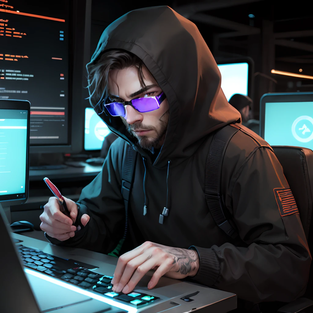 man in sweater getting surprise a new math problem unsolved, most the right side, cyberpunk, 16:9 format --auto