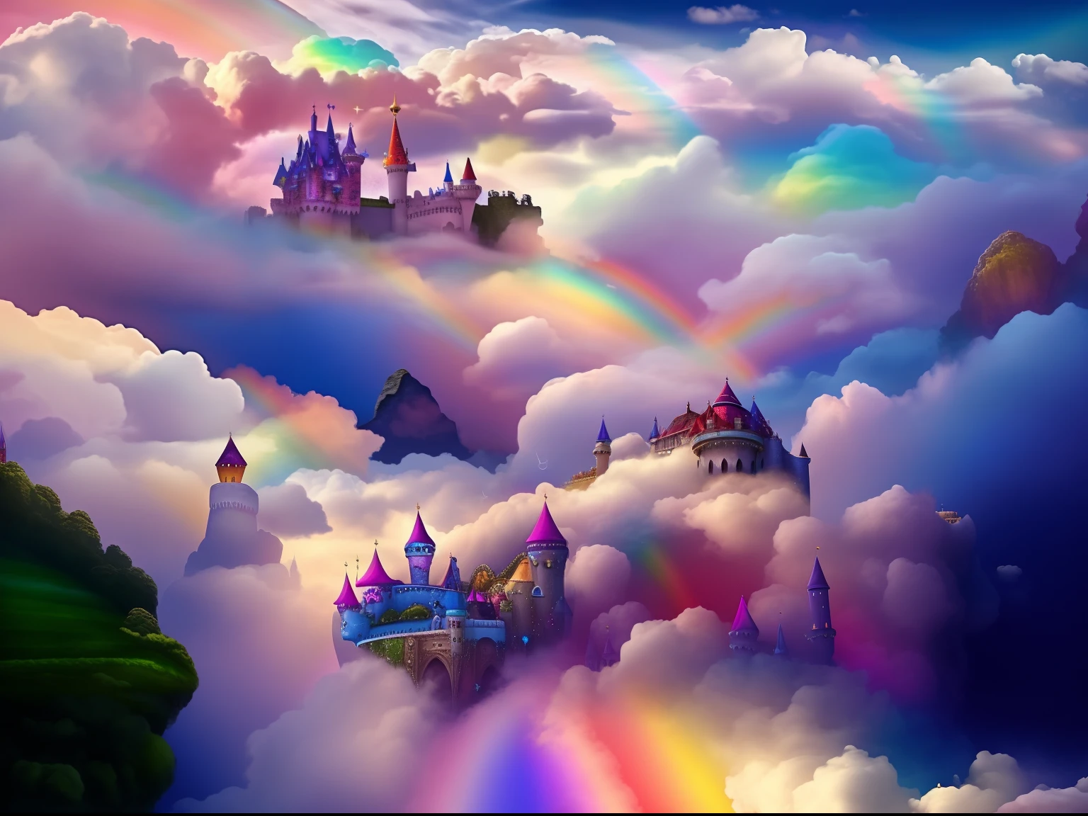 View of the castle surrounded by rainbow clouds, in the white clouds fairyland, very colorful heavenly, Rainbow clouds, in white clouds fairyland, lie on white clouds fairyland, iridescent clouds, flying cloud castle, castle made of clouds, Clouds. fantasy, magical colors and atmosphere, psychedlic clouds, Colorful clouds, heavenly colors, fantasy puffy sky