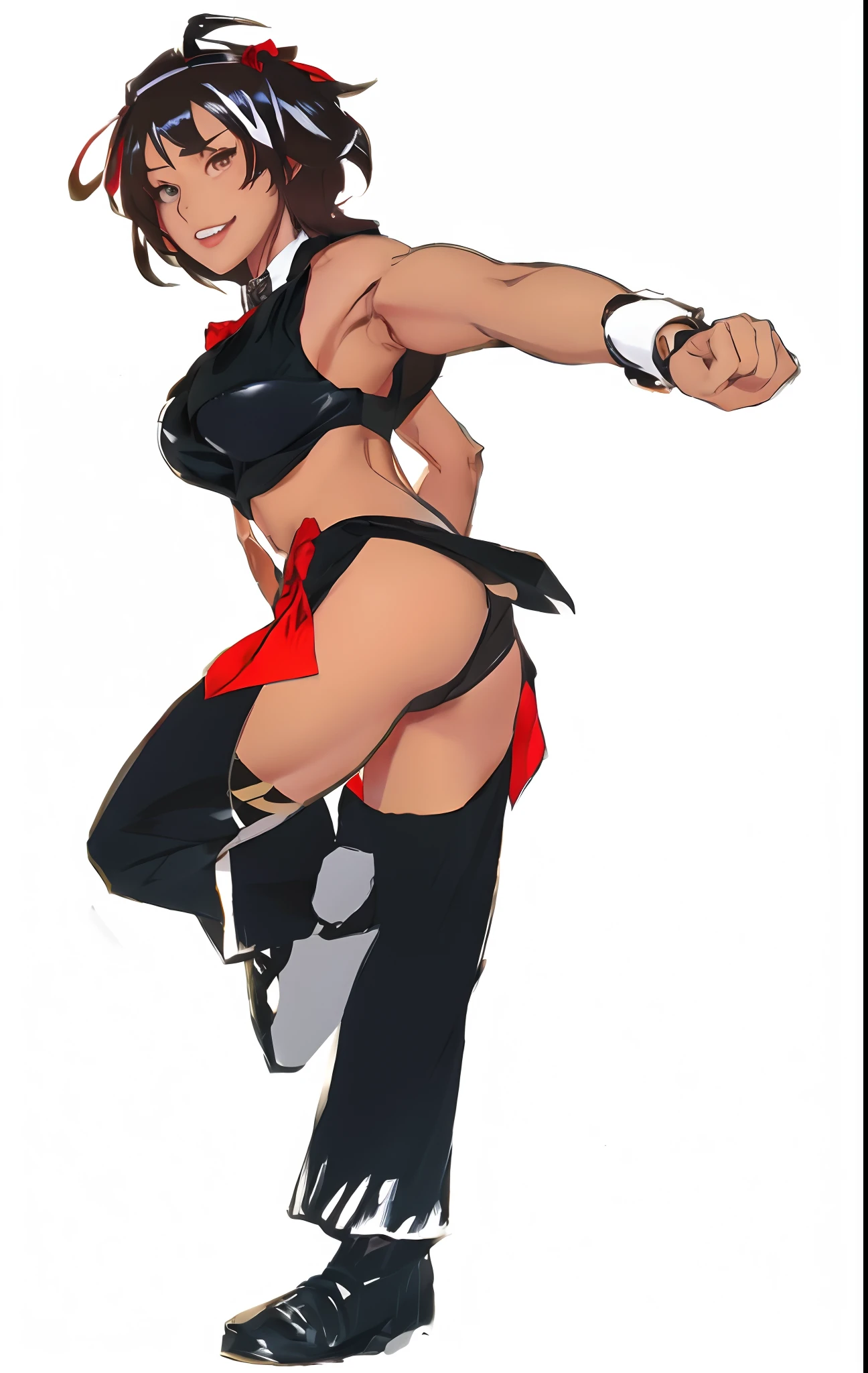 Drawing of a woman in a black top and red bow tie, badass pose, attractive matoi ryuko, Ryuko Matoi, menacing pose, (SFW) safe for work, inspired by Masanobu Okumura, low resolution, SFW Nana version, Gapmoe Yandere, shalltear from overlord, Commission for high resolution, evil pose,Brown-skinned,Red Eyes,short-cut,animesque,comics