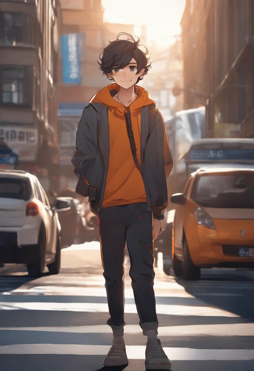 A boy, transformed into an anime style, with exaggerated unique facial features and clothing, standing on a bustling city street, backlit background highlighting the subject, high-contrast colors, 4K high-definition quality,young, smiling, handsome