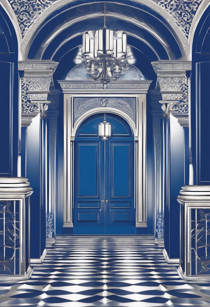 No people around，design sense，2k，Blue tones，Complex geometric patterns，Pattern，planar，Blue and white porcelain pattern，Beautiful mirror design，Intricate pattern design，Round frame、