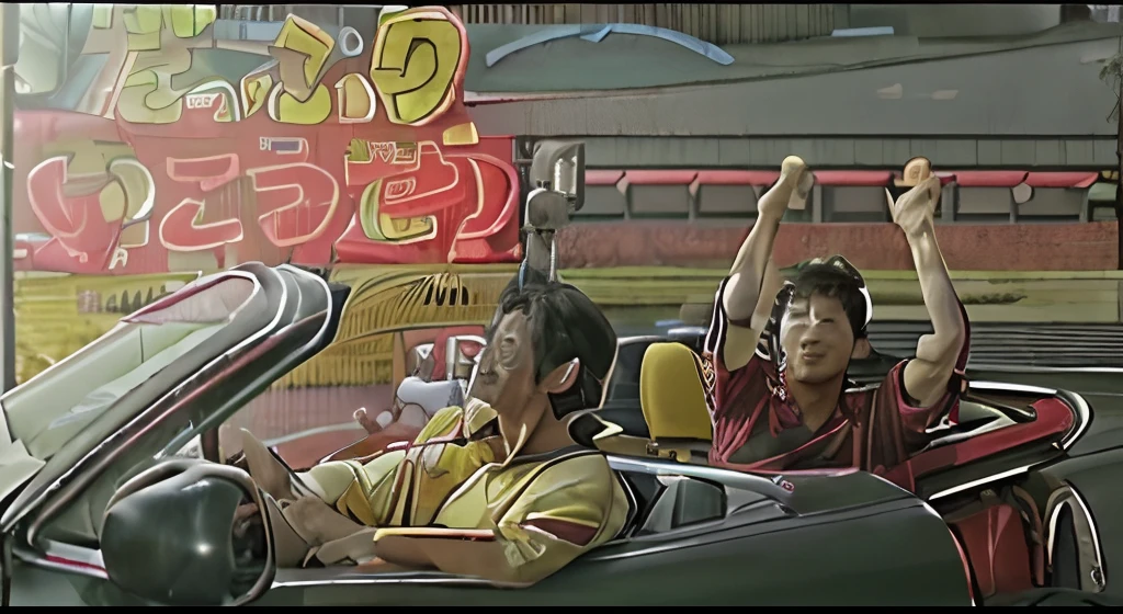 Japan men in a car、3some、Raw photo、top-quality、、(top-quality、in 8K)、ciinematic light、professional photograpy、SLR camera、hightquality、Kodak Portra 400、Yellow long-sleeved clothes、smiling male、Thumbs up、high resolution details、red car、convertable