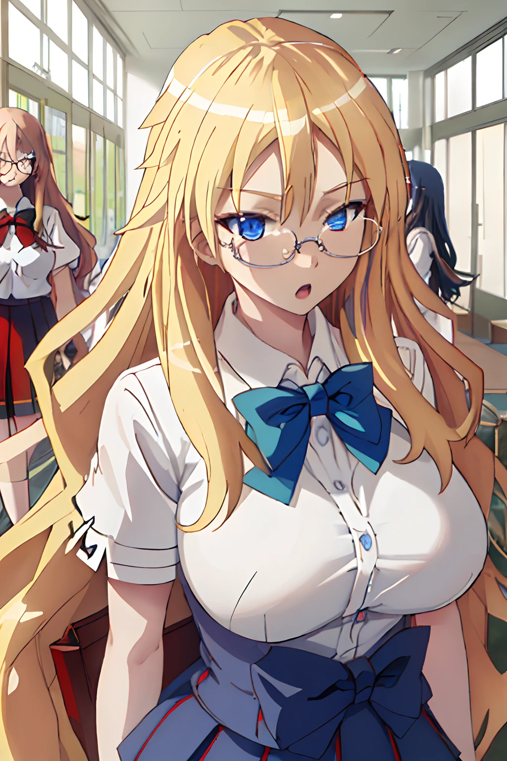 Huge tits, best quality, masterpiece, highres, solo, {shaga_ayame_bento:1.15}, blonde_hair, long_hair, glasses, blue_eyes, 2girls, bow, multiple_girls, open_mouth, school_uniform, blue_hair, bowtie