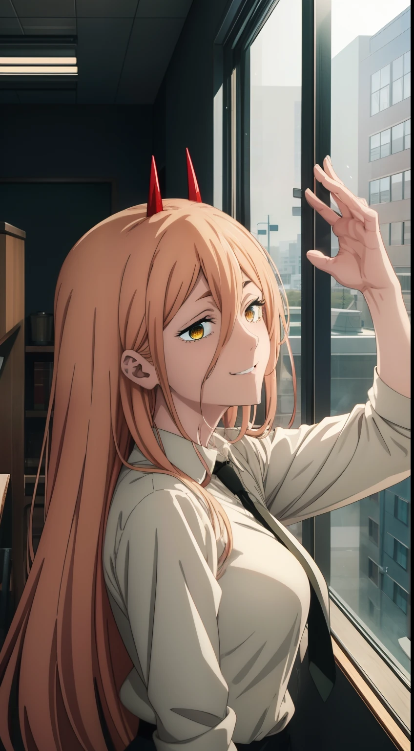 laughting, Rebel, Erotica, half naked, beautiful breasts, waist, sexy body, sexy clothes, hight resolution, 1girl, 独奏,Cute, smilling, blonde, Pink_Hair, dangerous,vivid eyes,Yellow eyes, Odin, roof, Mesmerizing eyes,Confident,superior, naughty, LAUGHTER BREAK (power \(chainsaw man\),), back light, glowing eyes, an artistic, wallpapers, black necktie, (Sensual),Happy, BREAK Intimate, Digital Art, High Details, contemporary, Intricate, (a perfect face), Traced lights, BREAK superior,Cinematic, absurdes, white shirt, City, red horns, Energy from a chainsaw, Red horns on the head, Anime girl with a smile, detailed digital anime art, Cool anime 8K, Clean and detailed anime art, Gouveyz on Pixiv ArtStation, 4K Manga Wallpapers, Guweiz in Artstation Pixiv, Подробный портрет Anime Girl, Anime 4K Style, Anime Art Wallpapers 4K, Anime Art Wallpaper 4K Masterpiece, Gorgeous, Best Quality,