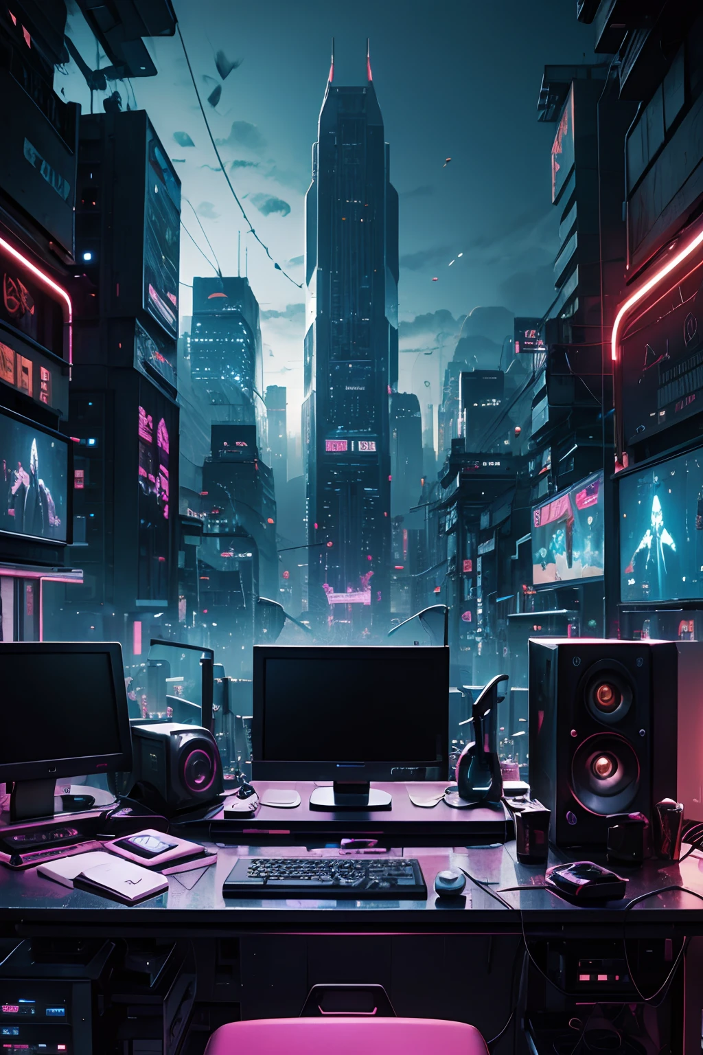 One desktop computer. In the background there is an image of the city, and the city is melting like paint. 8K image quality. cyber punk.