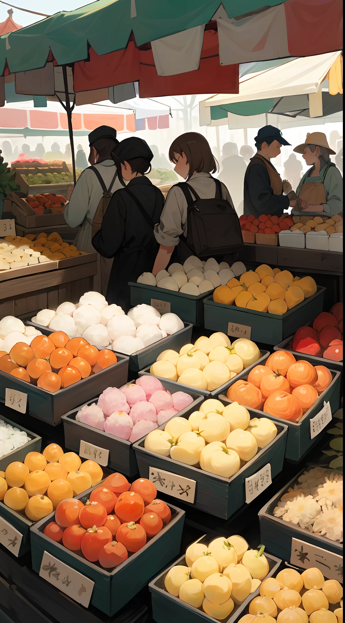 bustling farmer's market in a European cobblestone square, with colorful stalls selling fresh produce, flowers, and handcrafted goods