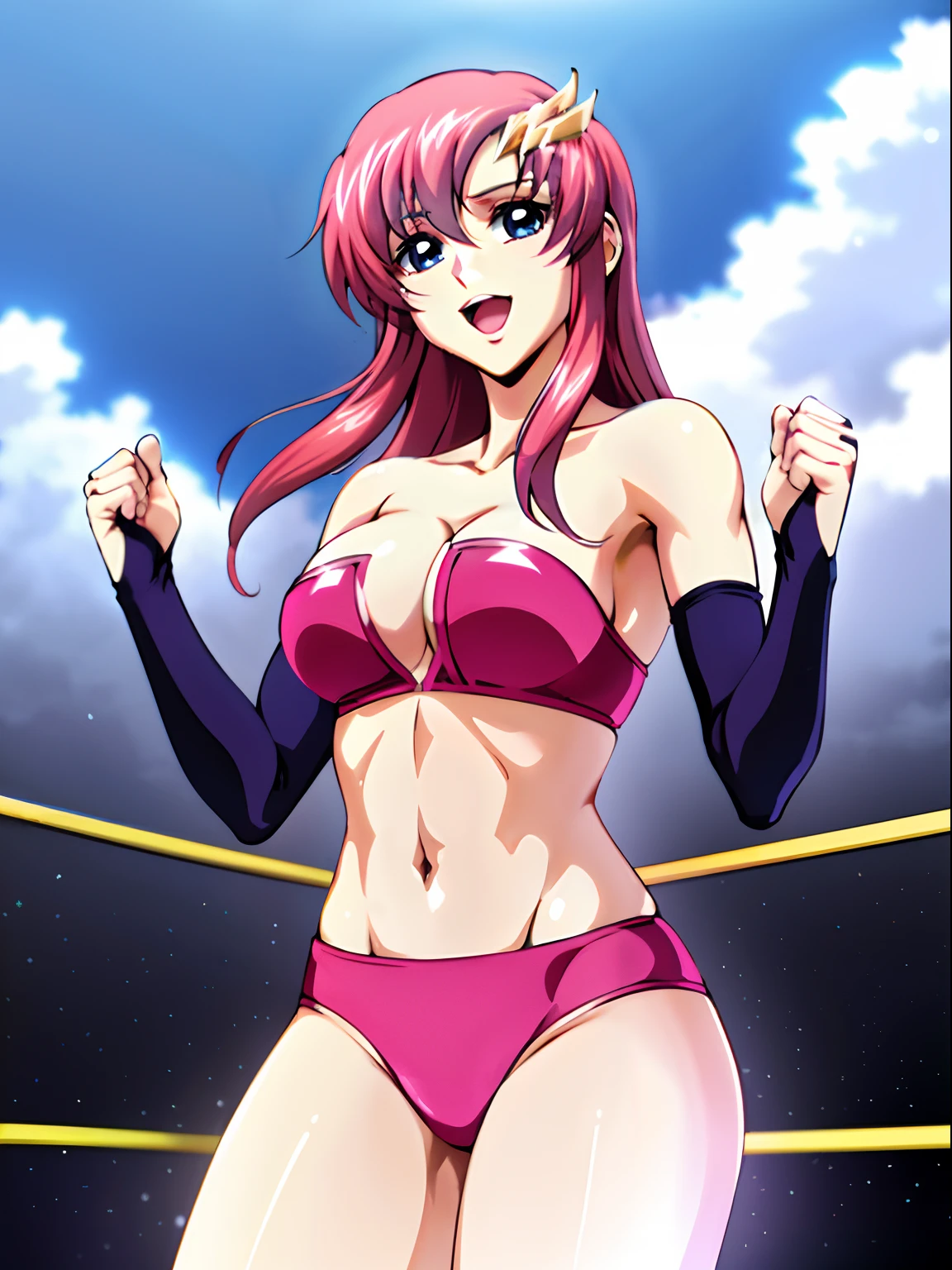 (((pink strapless wrestling outfit, gloves , slender body, long stomach, nice thighs, happy, gentle))), (masterpiece, standing , 4K, Best Quality, Anime style,, Adult Woman, ultra detailed face, (cloud background, wrestling), Drawing lines, high resolution, Anime, lacus4), 1girl, Solo, Long hair, 鎖骨, scapular, (Detailed wide hair bangs, Hair Ornament, Detailed reddish-pink hair, golden crest), cleavage, large hands, (pro female wrestler). (Big blue eyes, shiny eyes), ((female wrestler, little biceps, slender body, broad shoulders, closed fists, open mouth)), ((perfect proportions, medium breasts, cleavage, long belly)), (((mini strapless wrestling))),( looking at the viewer, gentle, smile),